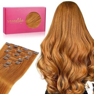 WENNALIFE Real Human Hair Clip in Extensions, 18 Inch 120g 7pcs Auburn Ginger Remy Hair Clip Ins Double Wef