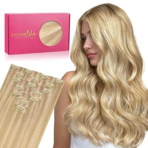 WENNALIFE Seamless Clip In Hair Extensions, 18 Inch 7pcs 130g Light Blonde Highlighted Golden Blonde Hair Extensions Clip In Real Human Hair Extensions Invisible PU Weft Human