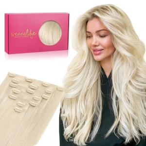 WENNALIFE Seamless Clip In Hair Extensions Human Hair, 14 Inch 130g 7pcs Platinum Blonde Real Hair Extensions Clip in Human Hair Invisible PU Skin Weft Natural Remy Human Hair Extensions