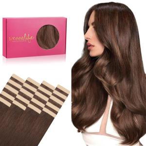 WENNALIFE Tape in Hair Extensions Human Hair, 20pcs 50g 18 inch Chocolate Brown Remy Hair Extensions Straight Human Hair Tape in Extensions Skin Weft Tape Extensions Human Hair