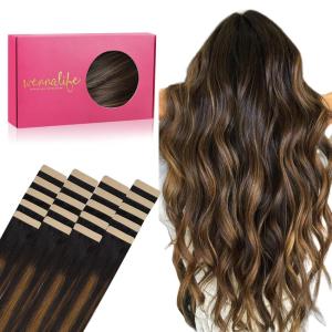 WENNALIFE Tape in Hair Extensions Human Hair, 20pcs 50g 18 inch Natural Black Mixed Chestnut Brown Remy Hair Extensions Straight Human Hair Tape in Extensions Skin Weft Tape Extensions Human Hair