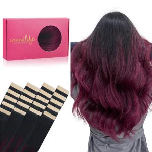 WENNALIFE Tape in Hair Extensions Human Hair, 20pcs 50g 18 inch Ombre Jet Black to Burgundy Remy Hair Extensions Straight Human Hair Tape in Extensions Skin Weft Tape Extensions Human Hair