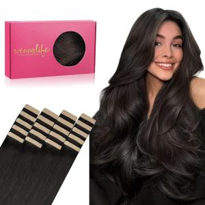 WENNALIFE Tape in Hair Extensions Human Hair, 20pcs 50g 20 inch Dark Brown Remy Hair Extensions for Women Tape Ins Straight Extensiones De Cabello Humano Skin Weft