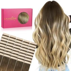 WENNALIFE Tape in Hair Extensions Human Hair, 40pcs 100g 14 inch Ombre Walnut Brown to Ash Brown and Bleach Blonde Hair Extensions Real Human Hair Straight Tape in Extensions Real Human Hair Extension