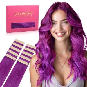 WENNALIFE Tape in Hair Extensions Human Hair Purple Tape in Extensions, 10pcs 25g 18 inch Remy Invisible Tape Ins Straight Colored Soft Real Human Hair Tape in Extensions Refill Set Extensions