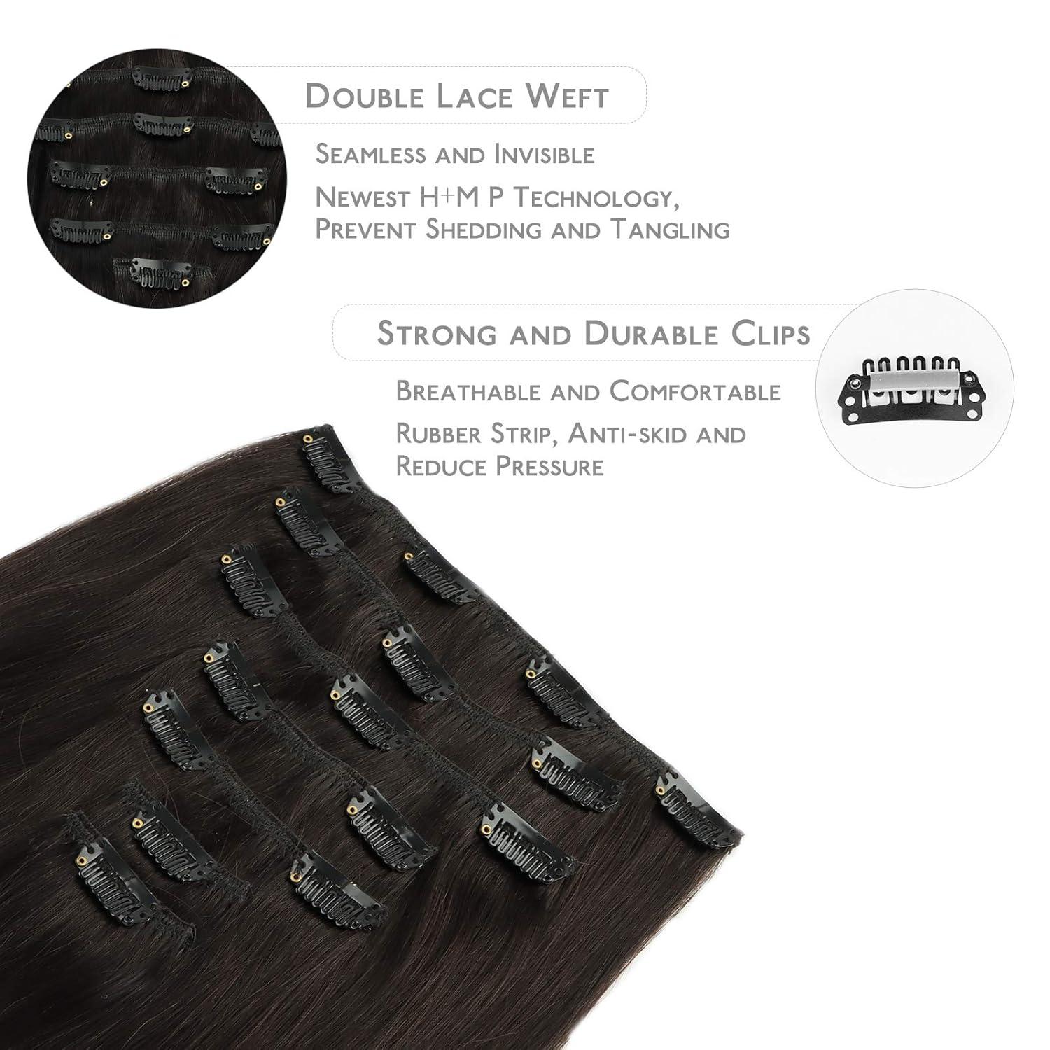 imageWENNALIFE Clip in Human Hair Extensions 22 Inch 120g 7pcs Dark Brown Hair Extensions Clip In Human Hair Remy Clip in Hair Extensions Real Human Hair Double Weft