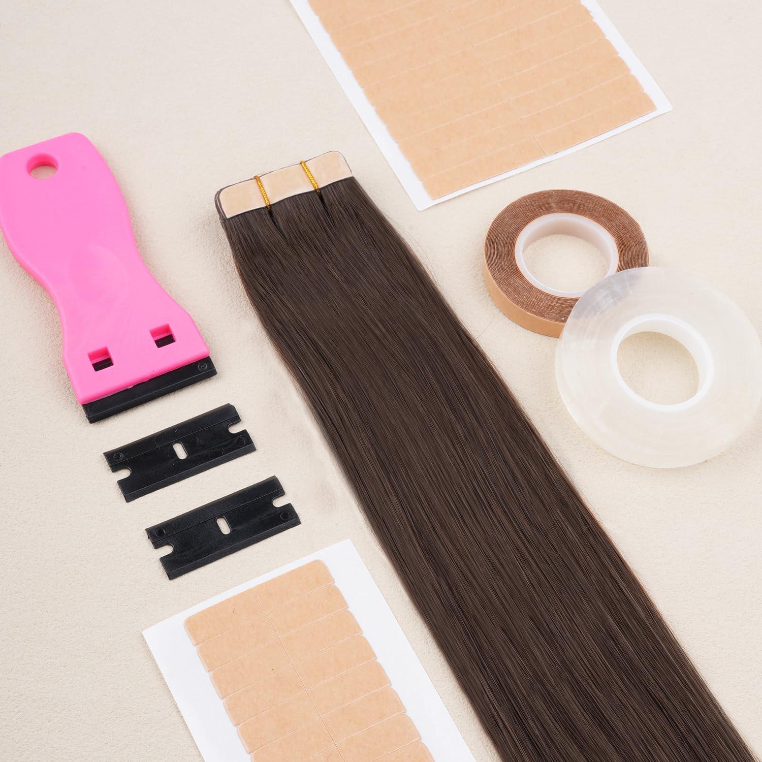imageWENNALIFE Dark Brown Invisible Elastic Wire for Wire Hair Extensions 8 Dark Brown Adjustable Fish Line 7 Inch 8 Inch 9 Inch and 10 Inch with 4 Dark Brown Stainless Steel ClipsTape Roll
