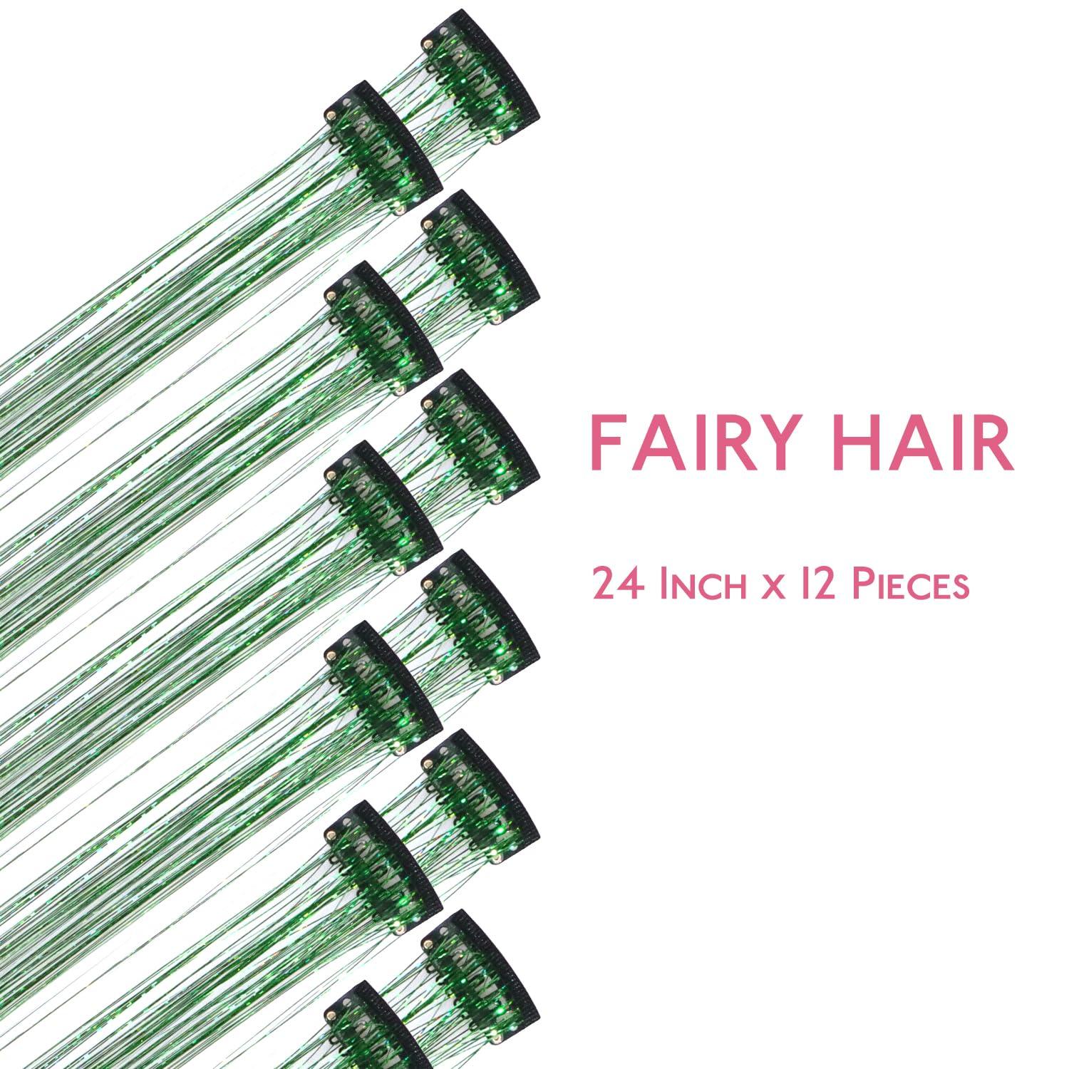 imageWENNALIFE Hair Tinsel Clip In for Girls Champagne 6pcs 24 inch Hair Tinsel Clips Tinsel Hair Extensions Clip in Colorful Glitter Tinsel Hair Clips Sparkle Fairy Hair Accessories for KidsCGreen