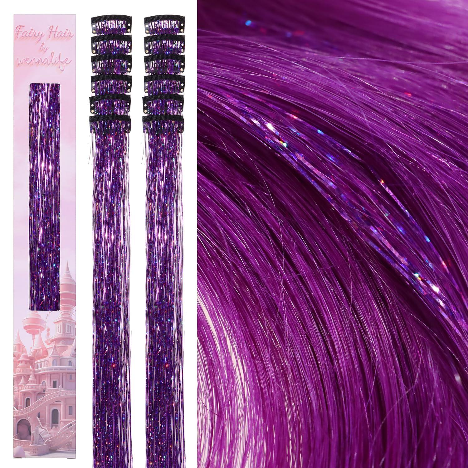 imageWENNALIFE Hair Tinsel Clip In for Girls Champagne 6pcs 24 inch Hair Tinsel Clips Tinsel Hair Extensions Clip in Colorful Glitter Tinsel Hair Clips Sparkle Fairy Hair Accessories for KidsCPurple