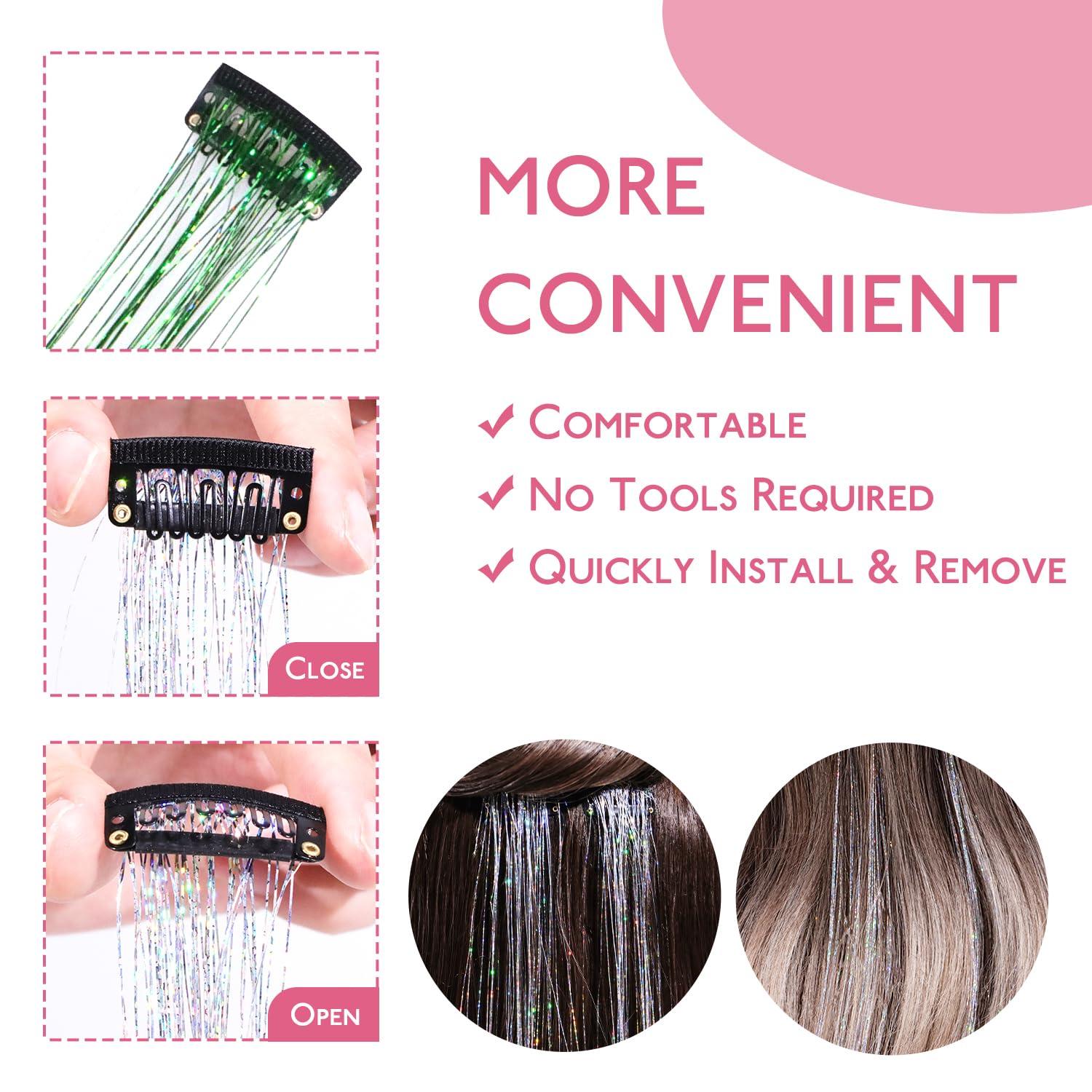 imageWENNALIFE Hair Tinsel Clip In for Girls Champagne 6pcs 24 inch Hair Tinsel Clips Tinsel Hair Extensions Clip in Colorful Glitter Tinsel Hair Clips Sparkle Fairy Hair Accessories for KidsCGreen