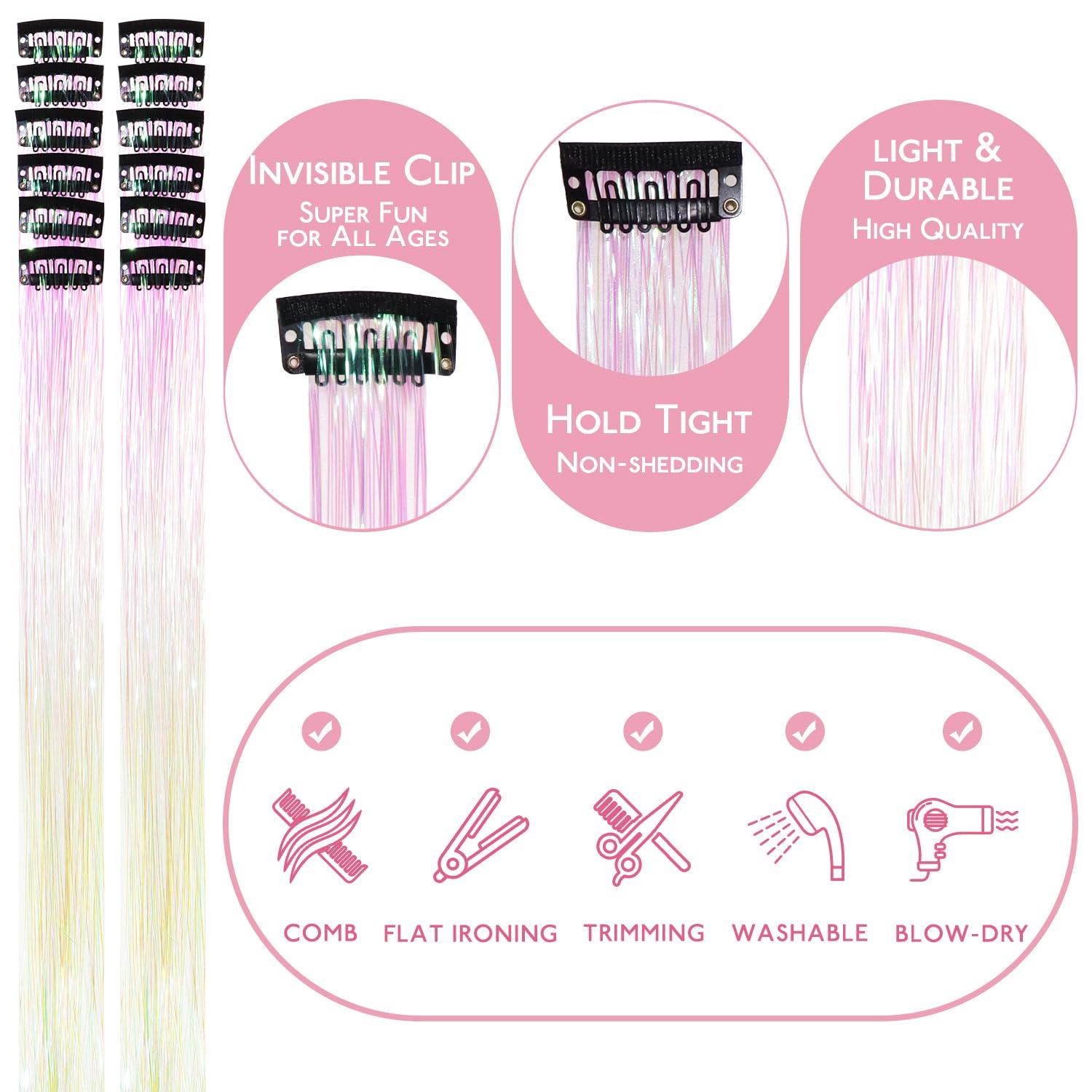 imageWENNALIFE Hair Tinsel Clip In for Girls Champagne 6pcs 24 inch Hair Tinsel Clips Tinsel Hair Extensions Clip in Colorful Glitter Tinsel Hair Clips Sparkle Fairy Hair Accessories for KidsCBright White