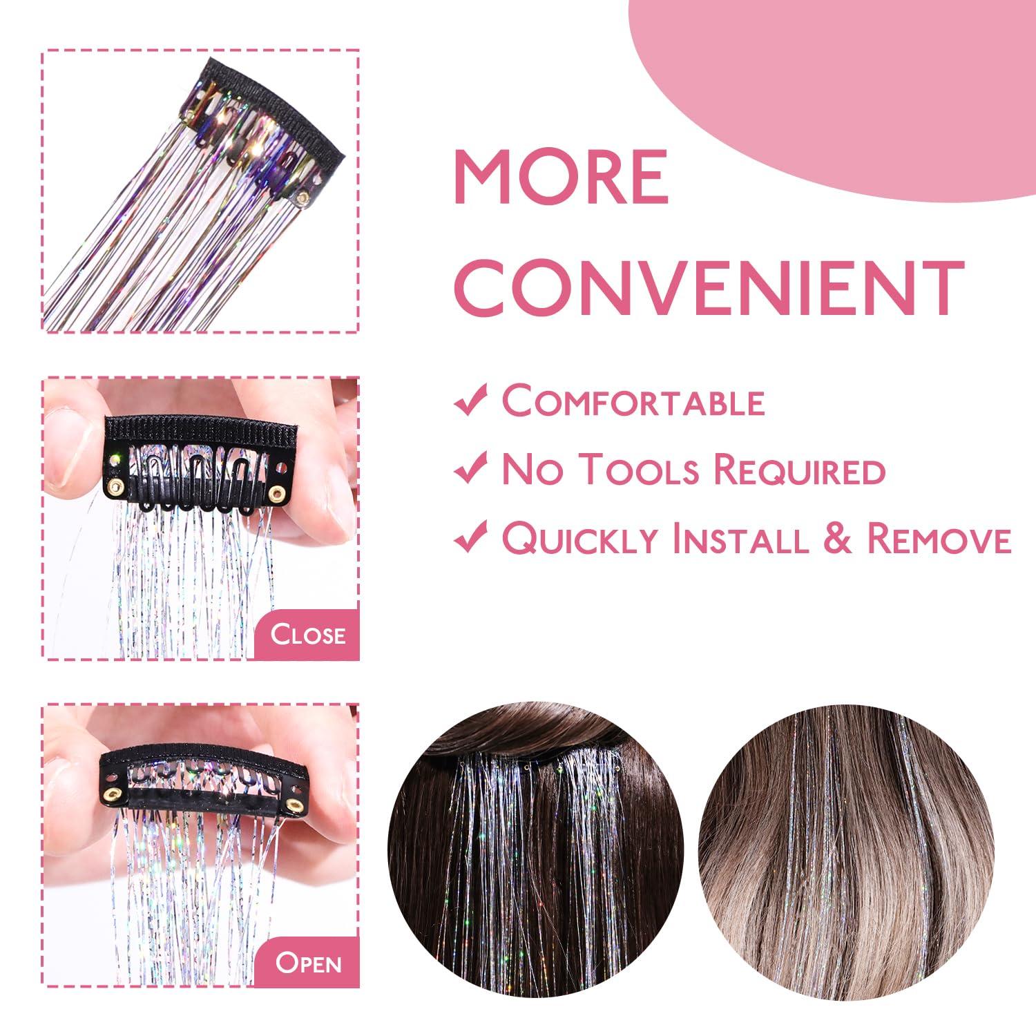imageWENNALIFE Hair Tinsel Clip In for Girls Champagne 6pcs 24 inch Hair Tinsel Clips Tinsel Hair Extensions Clip in Colorful Glitter Tinsel Hair Clips Sparkle Fairy Hair Accessories for KidsCRainbow