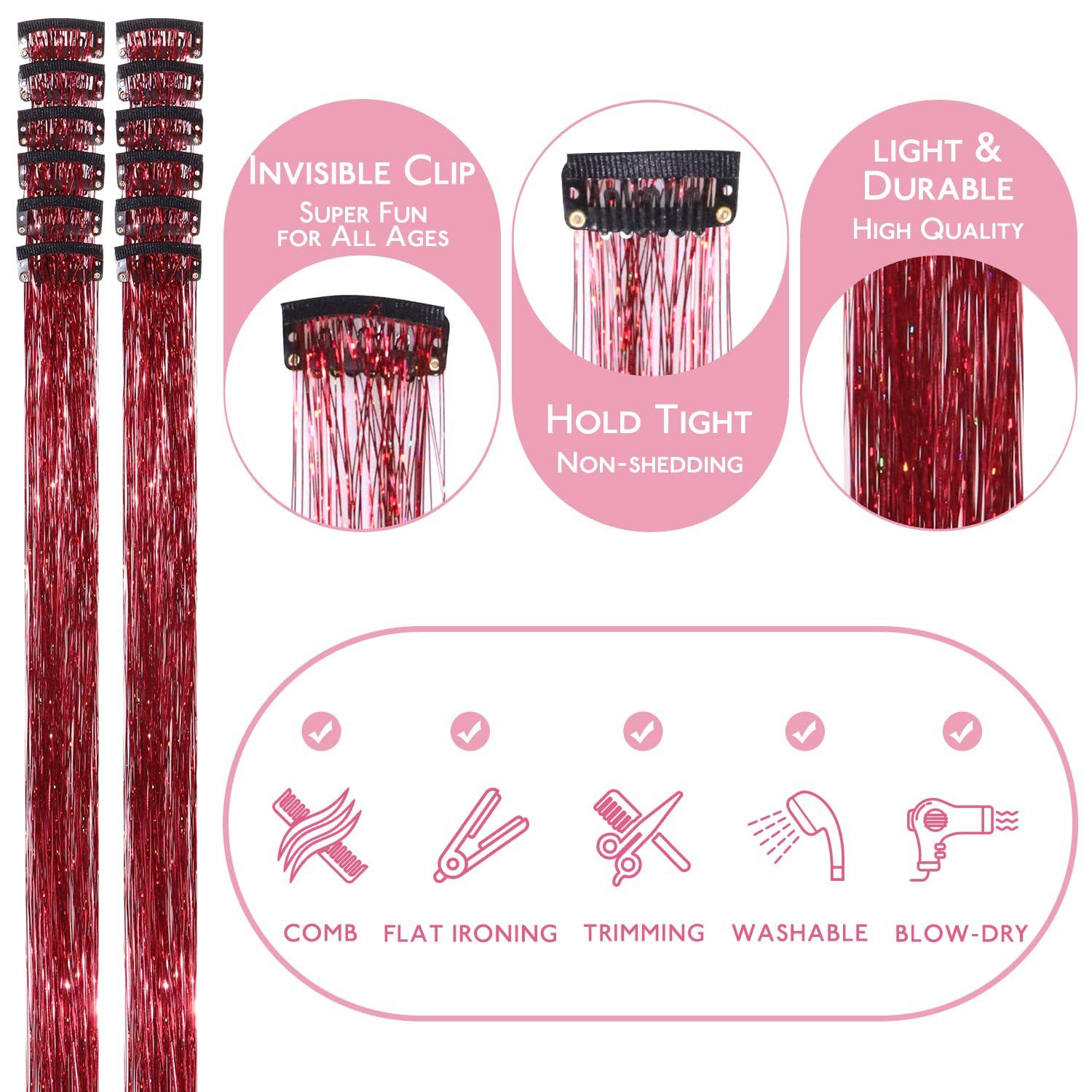 imageWENNALIFE Hair Tinsel Clip In for Girls Champagne 6pcs 24 inch Hair Tinsel Clips Tinsel Hair Extensions Clip in Colorful Glitter Tinsel Hair Clips Sparkle Fairy Hair Accessories for KidsCRed