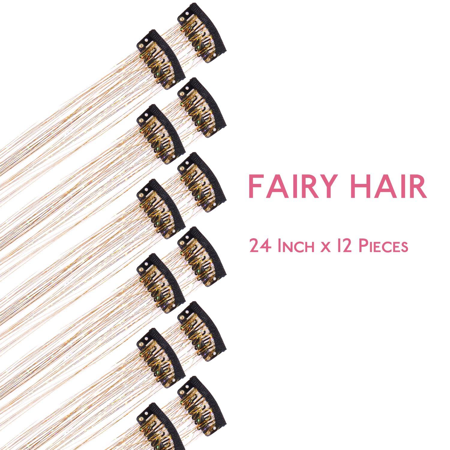 imageWENNALIFE Hair Tinsel Clip In for Girls Champagne 6pcs 24 inch Hair Tinsel Clips Tinsel Hair Extensions Clip in Colorful Glitter Tinsel Hair Clips Sparkle Fairy Hair Accessories for KidsCChampagne