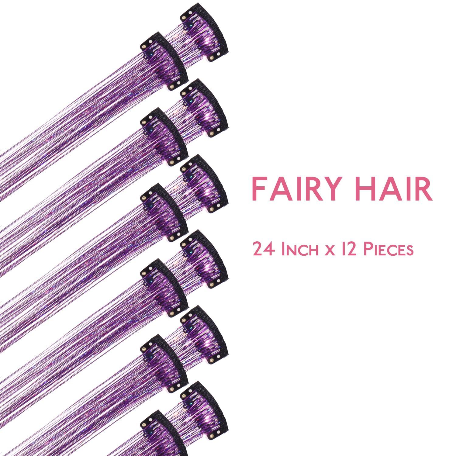 imageWENNALIFE Hair Tinsel Clip In for Girls Champagne 6pcs 24 inch Hair Tinsel Clips Tinsel Hair Extensions Clip in Colorful Glitter Tinsel Hair Clips Sparkle Fairy Hair Accessories for KidsCPurple