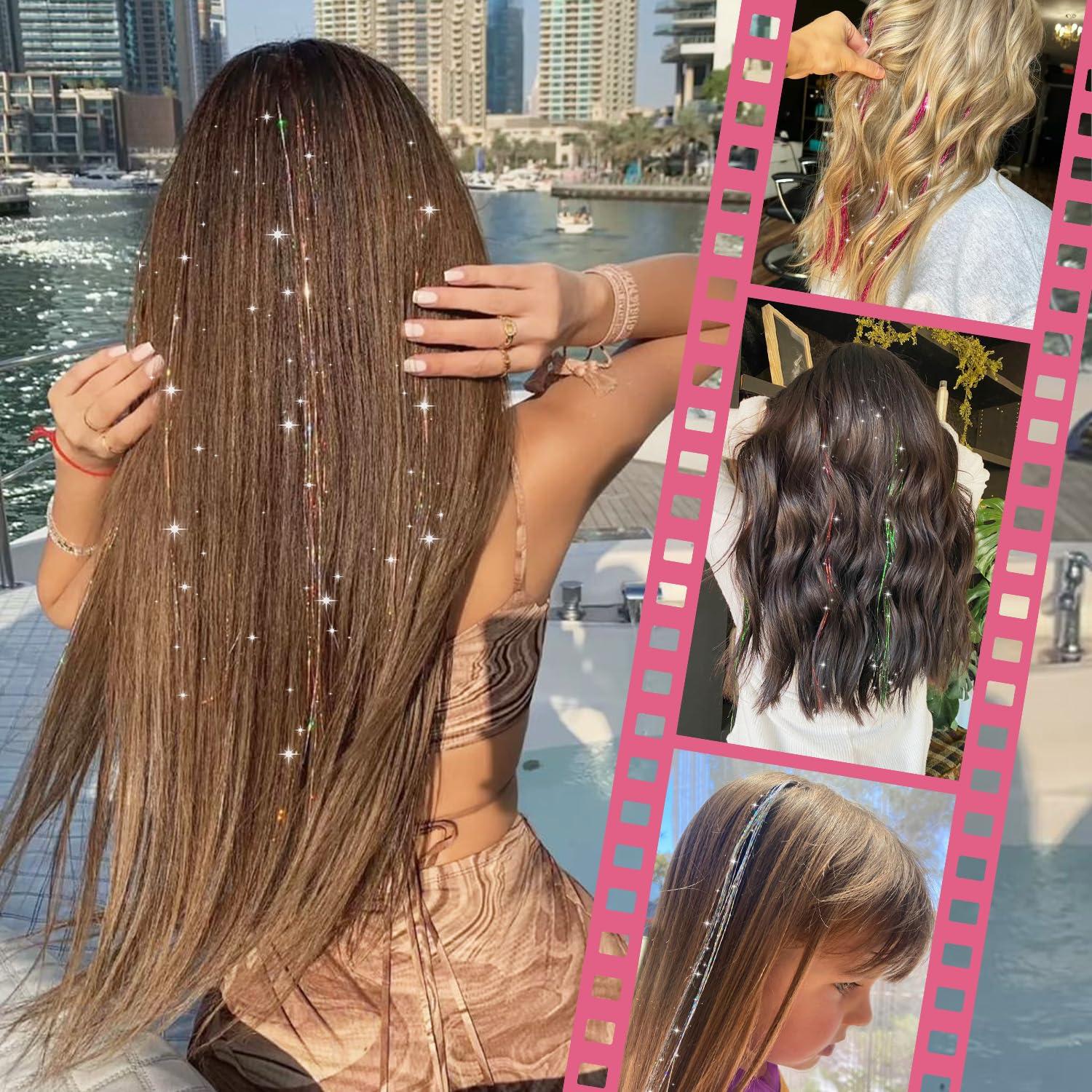 imageWENNALIFE Hair Tinsel Clip In for Girls Champagne 6pcs 24 inch Hair Tinsel Clips Tinsel Hair Extensions Clip in Colorful Glitter Tinsel Hair Clips Sparkle Fairy Hair Accessories for KidsTBright White