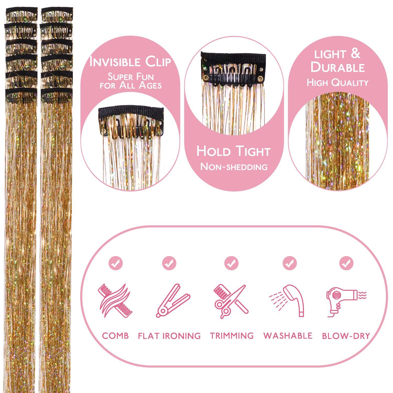 imageWENNALIFE Hair Tinsel Clip In for Girls Champagne 6pcs 24 inch Hair Tinsel Clips Tinsel Hair Extensions Clip in Colorful Glitter Tinsel Hair Clips Sparkle Fairy Hair Accessories for KidsCGold