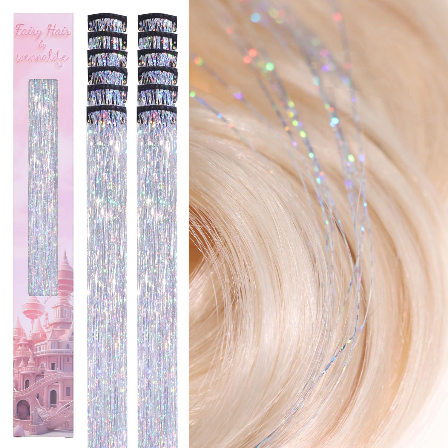 imageWENNALIFE Hair Tinsel Clip In for Girls Champagne 6pcs 24 inch Hair Tinsel Clips Tinsel Hair Extensions Clip in Colorful Glitter Tinsel Hair Clips Sparkle Fairy Hair Accessories for KidsCSilver