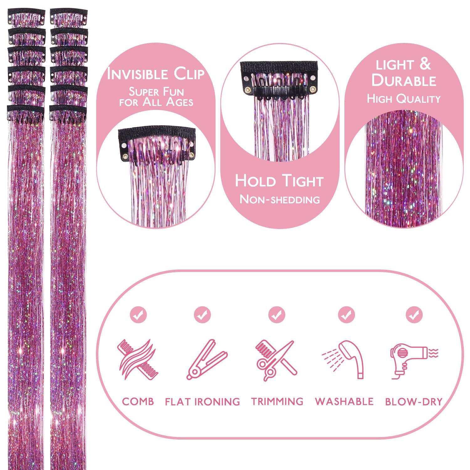 imageWENNALIFE Hair Tinsel Clip In for Girls Champagne 6pcs 24 inch Hair Tinsel Clips Tinsel Hair Extensions Clip in Colorful Glitter Tinsel Hair Clips Sparkle Fairy Hair Accessories for KidsCPink
