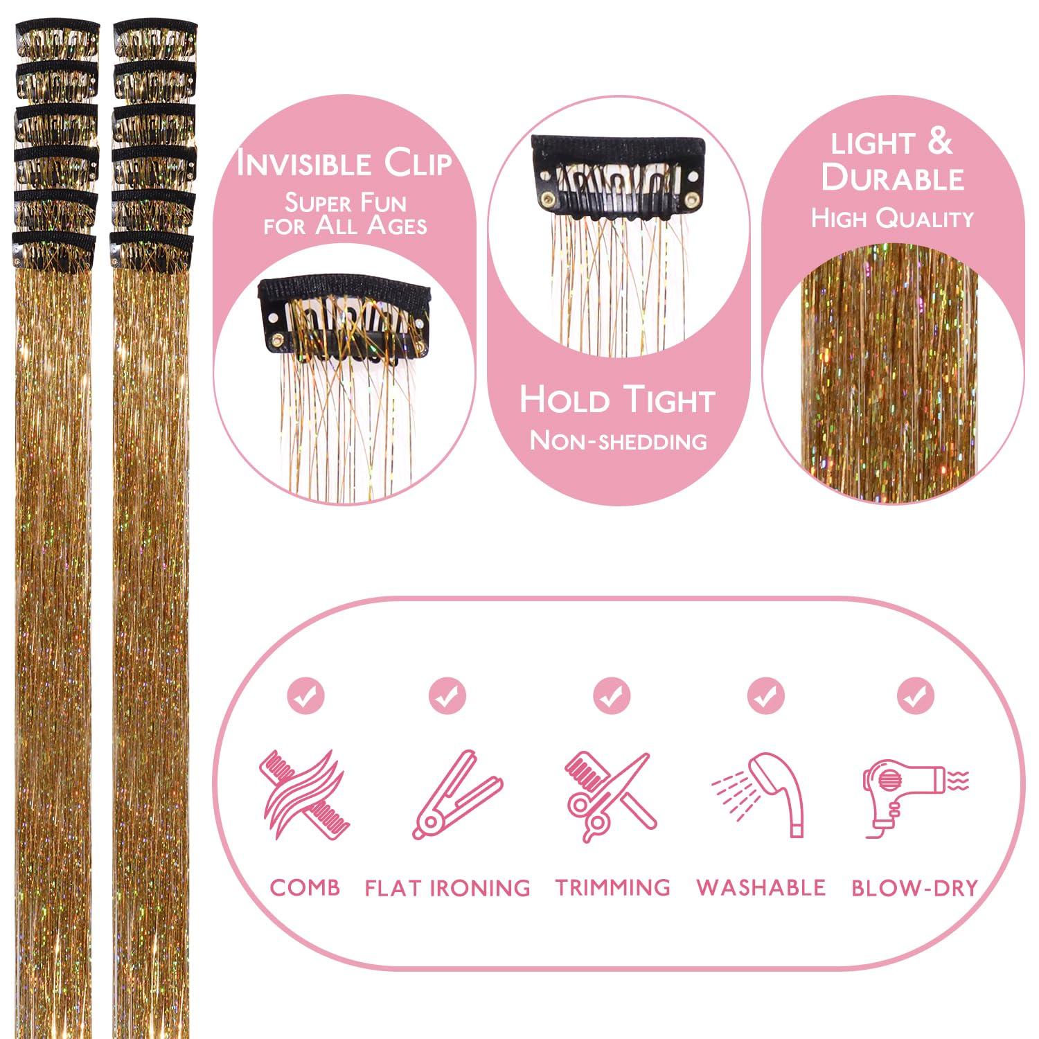 imageWENNALIFE Hair Tinsel Clip In for Girls Champagne 6pcs 24 inch Hair Tinsel Clips Tinsel Hair Extensions Clip in Colorful Glitter Tinsel Hair Clips Sparkle Fairy Hair Accessories for KidsCChampagne