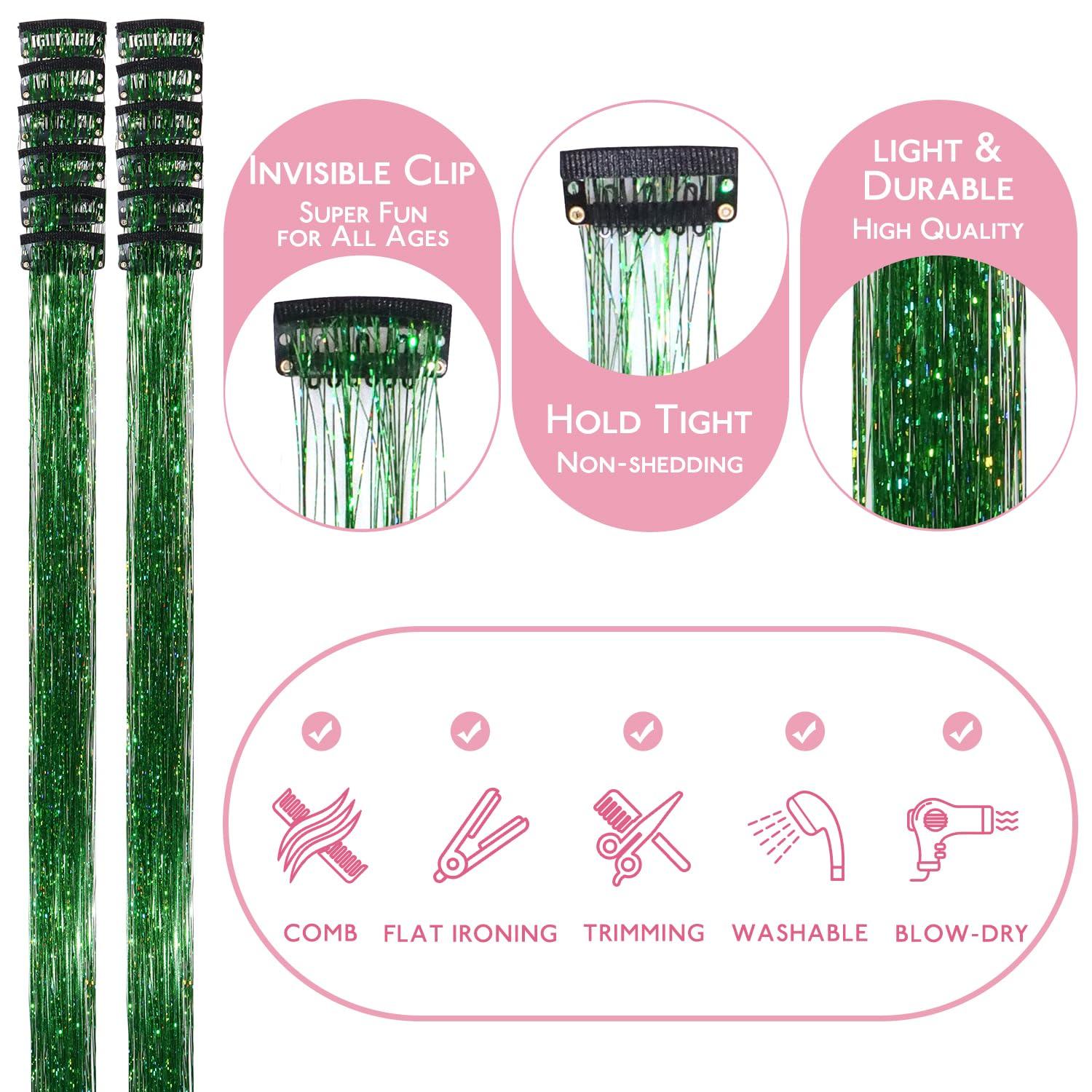 imageWENNALIFE Hair Tinsel Clip In for Girls Champagne 6pcs 24 inch Hair Tinsel Clips Tinsel Hair Extensions Clip in Colorful Glitter Tinsel Hair Clips Sparkle Fairy Hair Accessories for KidsCGreen
