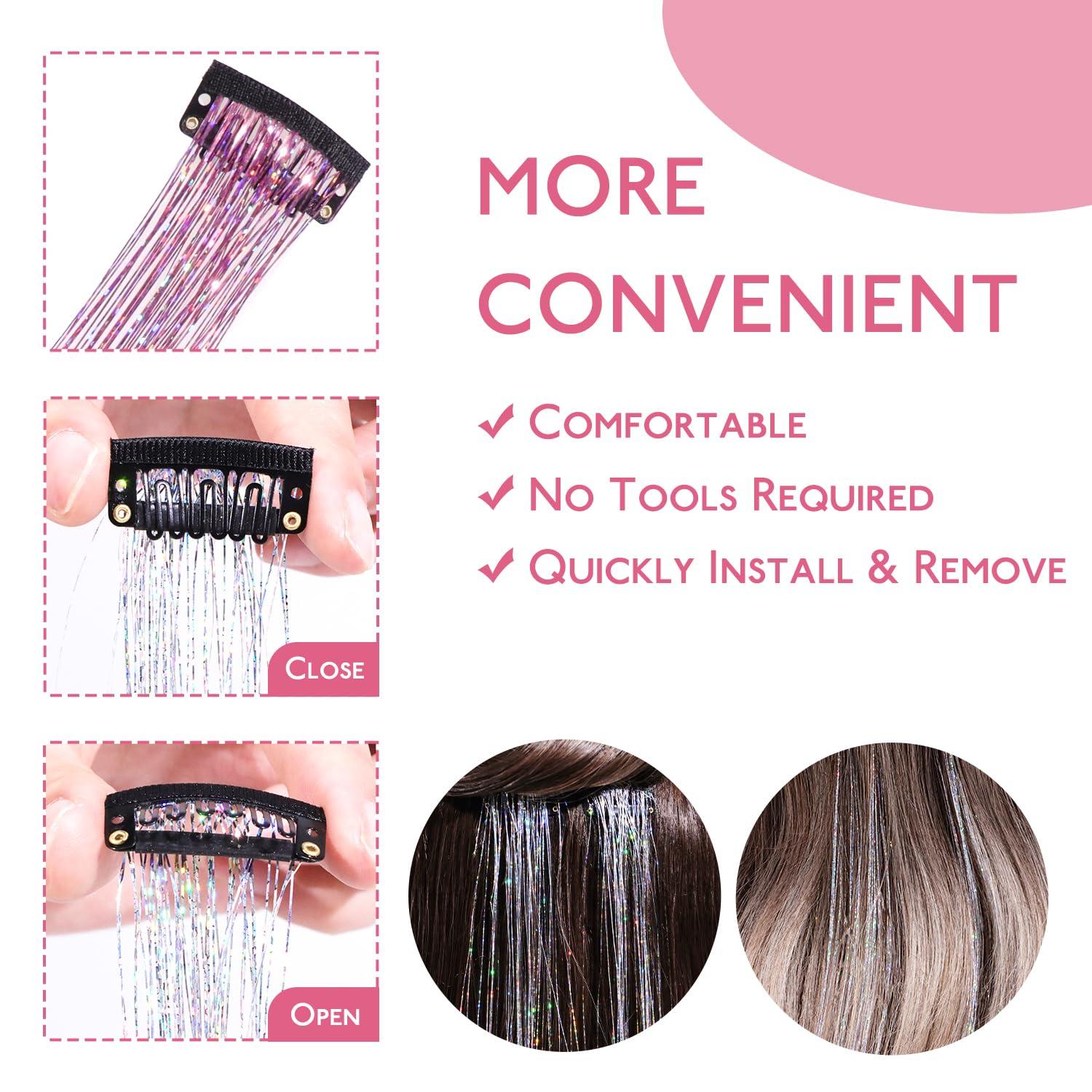 imageWENNALIFE Hair Tinsel Clip In for Girls Champagne 6pcs 24 inch Hair Tinsel Clips Tinsel Hair Extensions Clip in Colorful Glitter Tinsel Hair Clips Sparkle Fairy Hair Accessories for KidsCPink