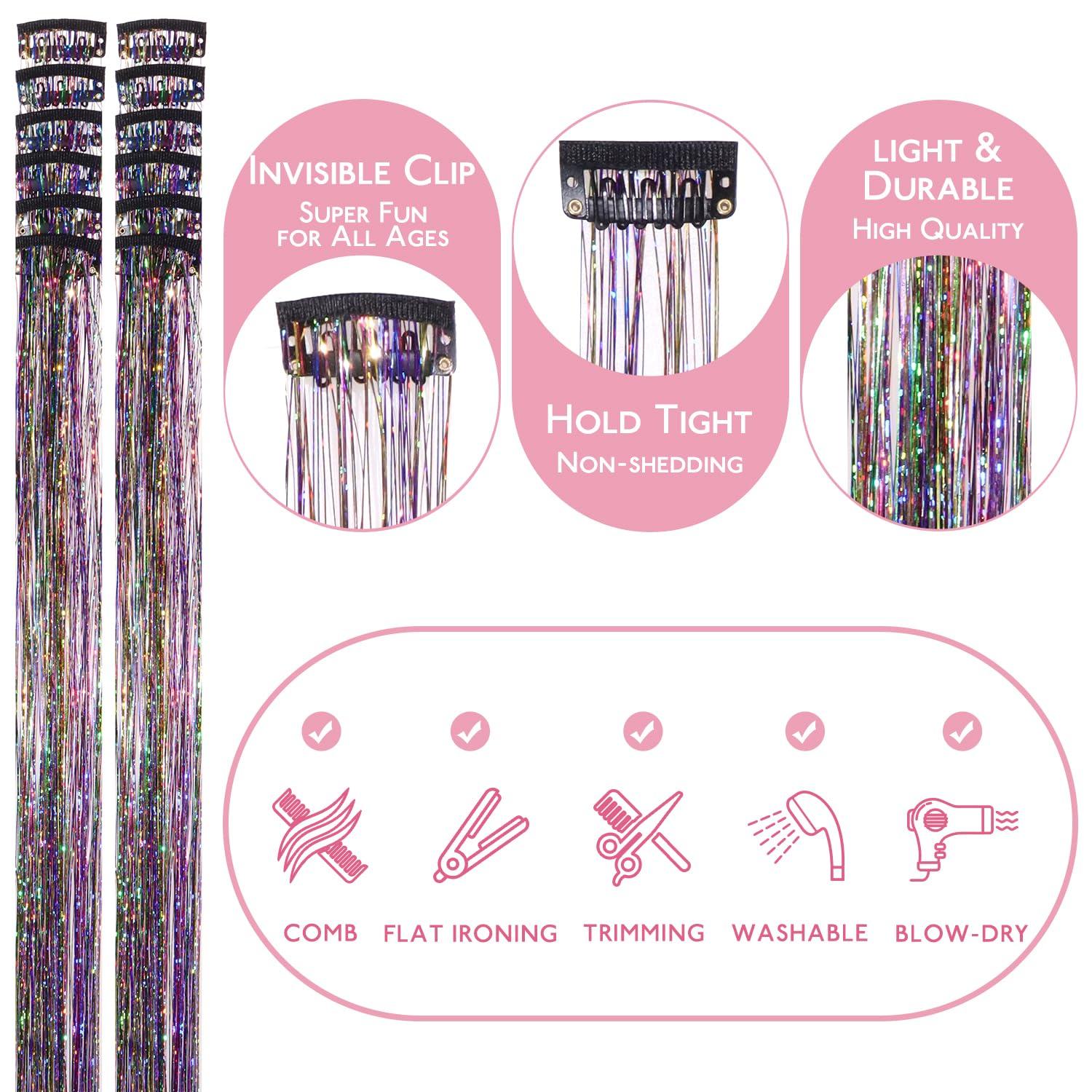 imageWENNALIFE Hair Tinsel Clip In for Girls Champagne 6pcs 24 inch Hair Tinsel Clips Tinsel Hair Extensions Clip in Colorful Glitter Tinsel Hair Clips Sparkle Fairy Hair Accessories for KidsCRainbow