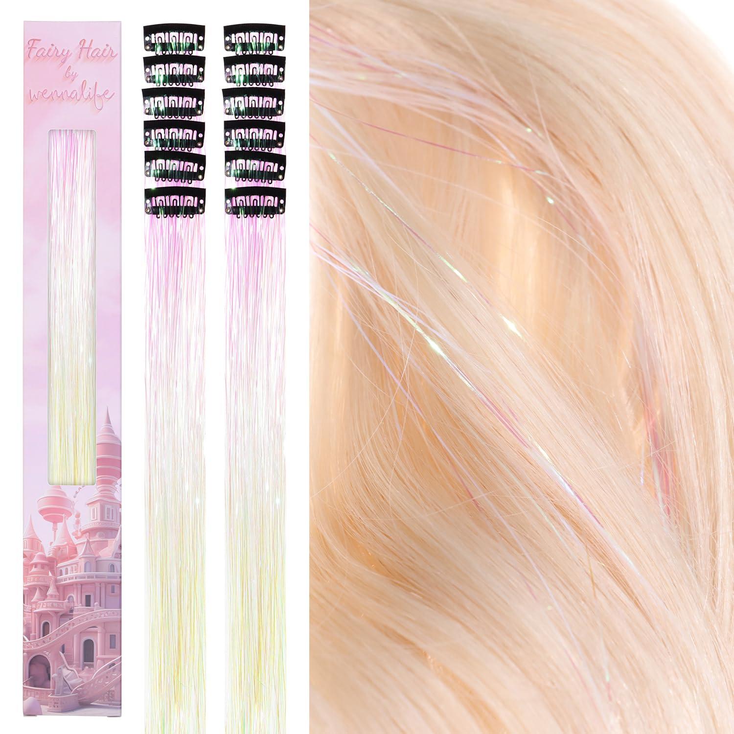 imageWENNALIFE Hair Tinsel Clip In for Girls Champagne 6pcs 24 inch Hair Tinsel Clips Tinsel Hair Extensions Clip in Colorful Glitter Tinsel Hair Clips Sparkle Fairy Hair Accessories for KidsCBright White