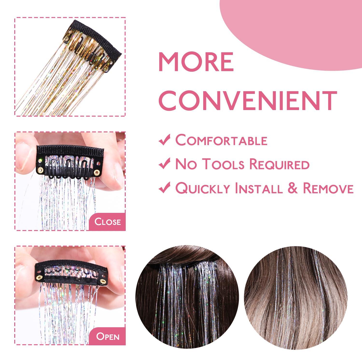 imageWENNALIFE Hair Tinsel Clip In for Girls Champagne 6pcs 24 inch Hair Tinsel Clips Tinsel Hair Extensions Clip in Colorful Glitter Tinsel Hair Clips Sparkle Fairy Hair Accessories for KidsCGold