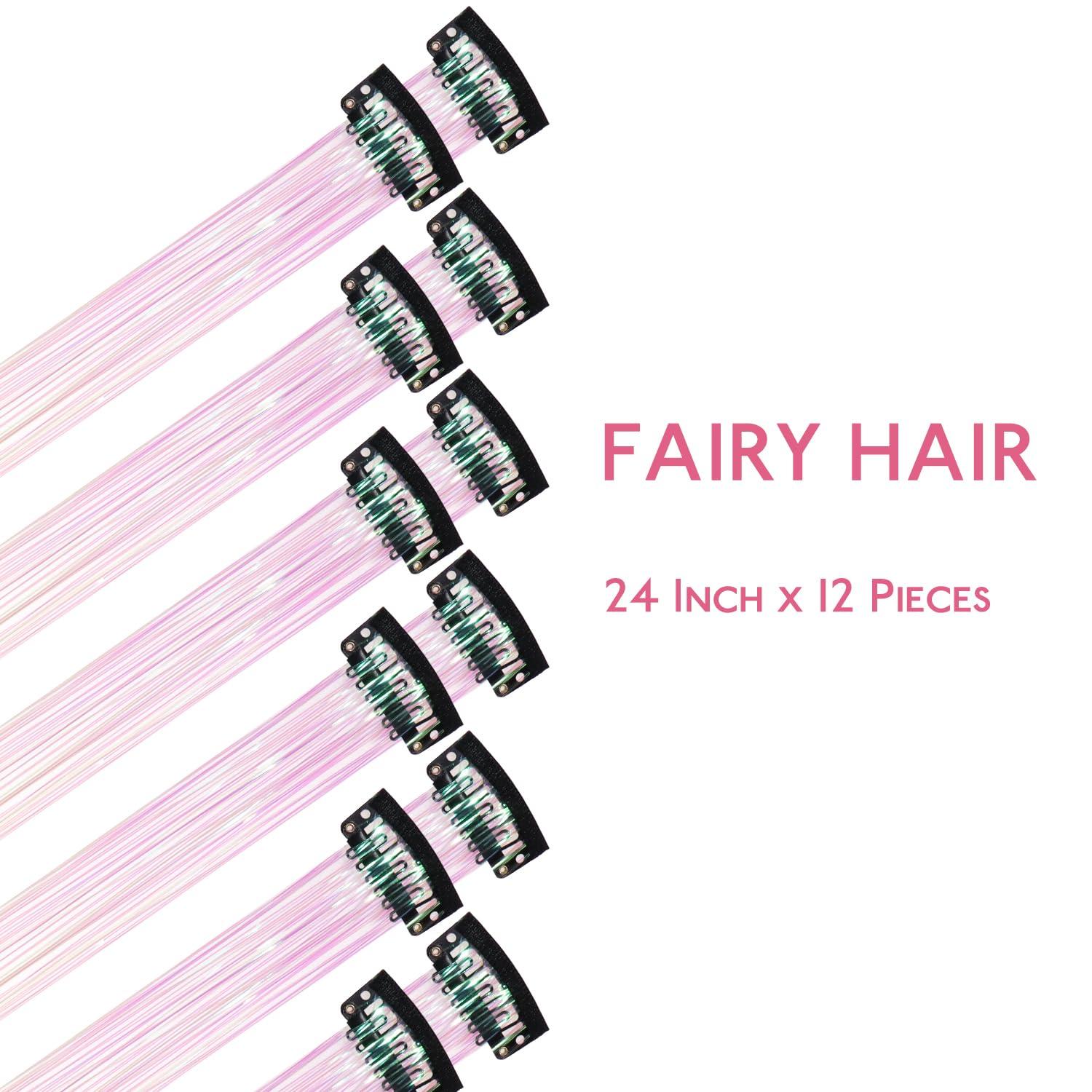imageWENNALIFE Hair Tinsel Clip In for Girls Champagne 6pcs 24 inch Hair Tinsel Clips Tinsel Hair Extensions Clip in Colorful Glitter Tinsel Hair Clips Sparkle Fairy Hair Accessories for KidsCBright White