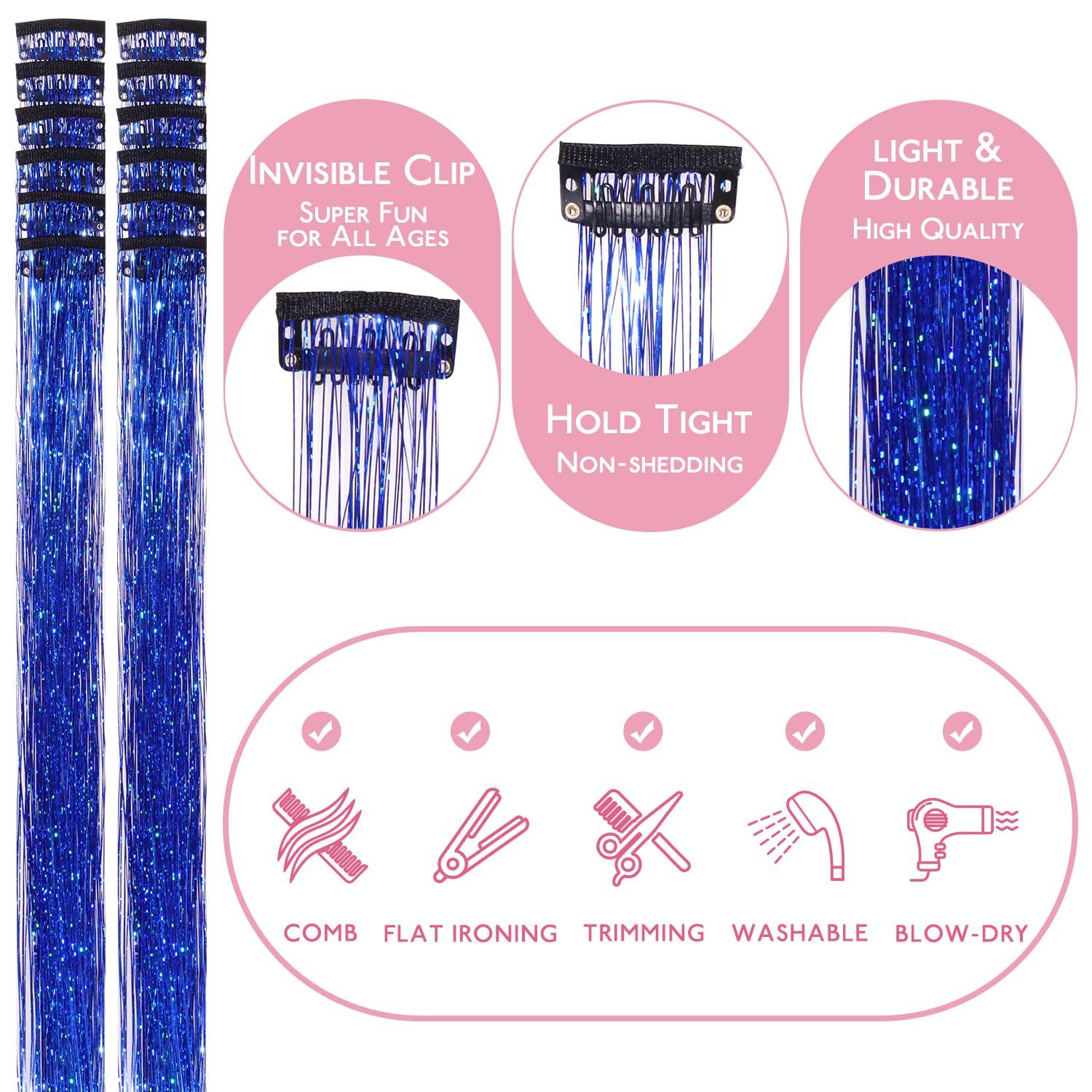 imageWENNALIFE Hair Tinsel Clip In for Girls Champagne 6pcs 24 inch Hair Tinsel Clips Tinsel Hair Extensions Clip in Colorful Glitter Tinsel Hair Clips Sparkle Fairy Hair Accessories for KidsCSky Blue