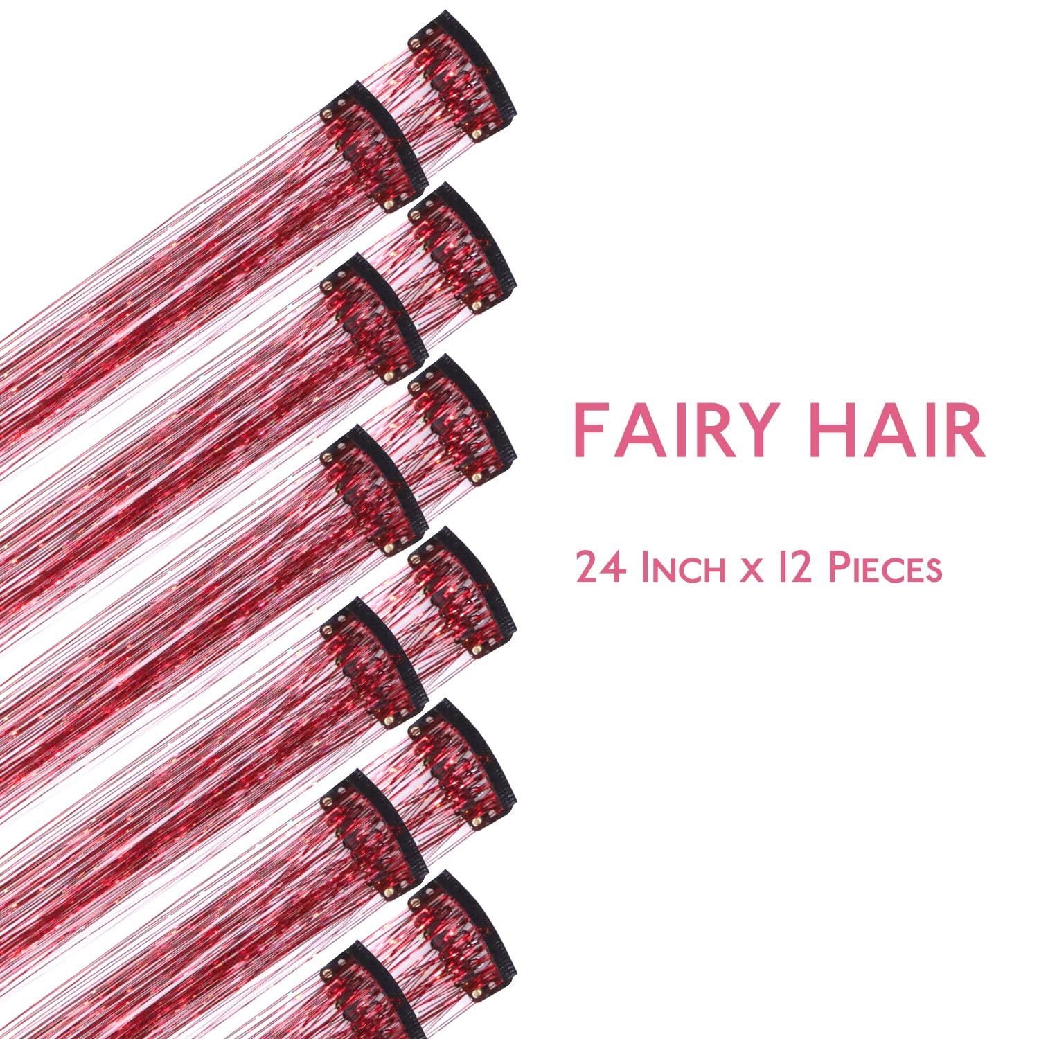 imageWENNALIFE Hair Tinsel Clip In for Girls Champagne 6pcs 24 inch Hair Tinsel Clips Tinsel Hair Extensions Clip in Colorful Glitter Tinsel Hair Clips Sparkle Fairy Hair Accessories for KidsCRed
