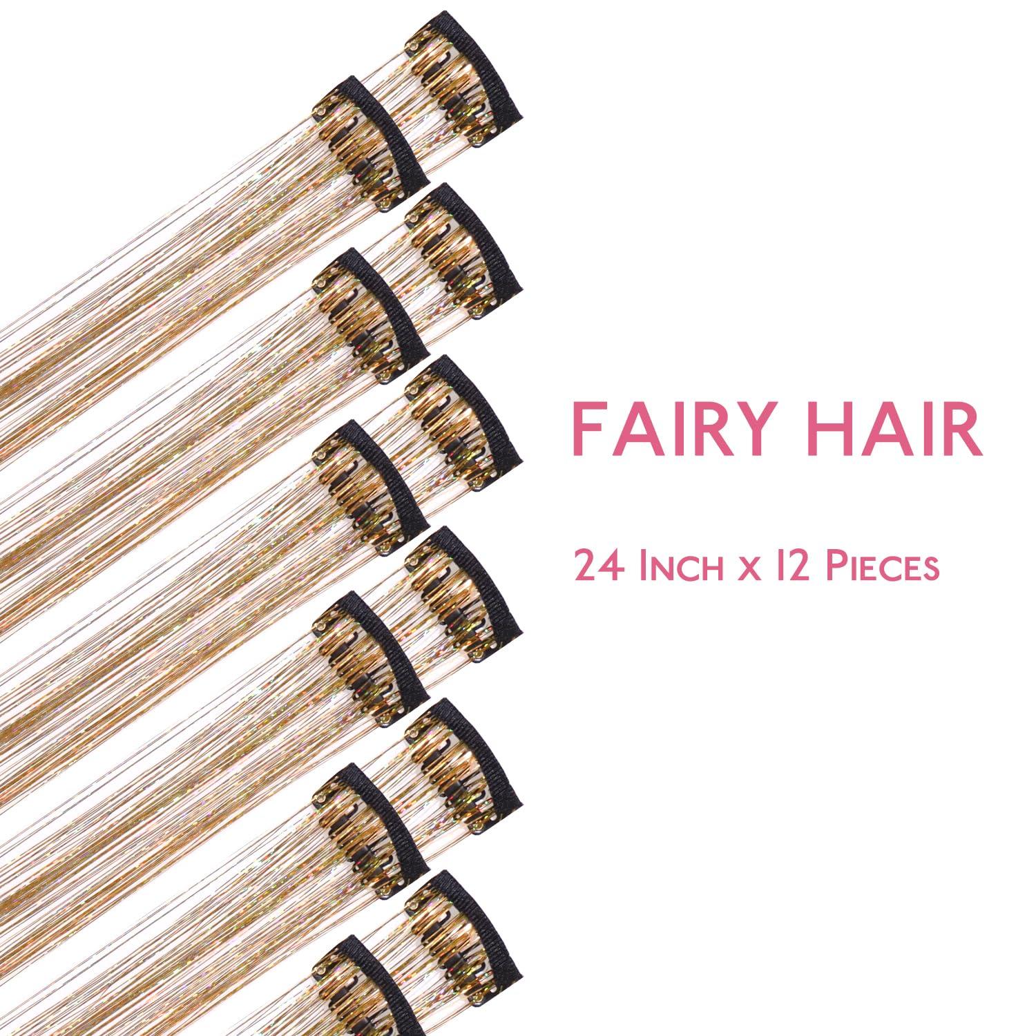 imageWENNALIFE Hair Tinsel Clip In for Girls Champagne 6pcs 24 inch Hair Tinsel Clips Tinsel Hair Extensions Clip in Colorful Glitter Tinsel Hair Clips Sparkle Fairy Hair Accessories for KidsCGold