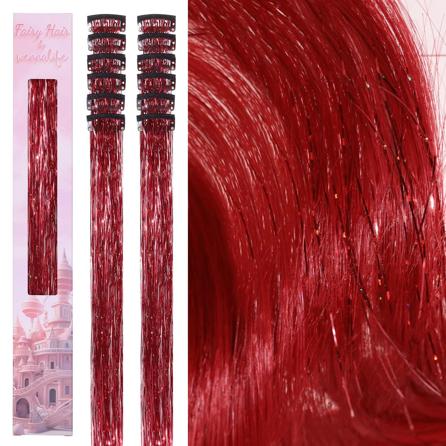 imageWENNALIFE Hair Tinsel Clip In for Girls Champagne 6pcs 24 inch Hair Tinsel Clips Tinsel Hair Extensions Clip in Colorful Glitter Tinsel Hair Clips Sparkle Fairy Hair Accessories for KidsCRed