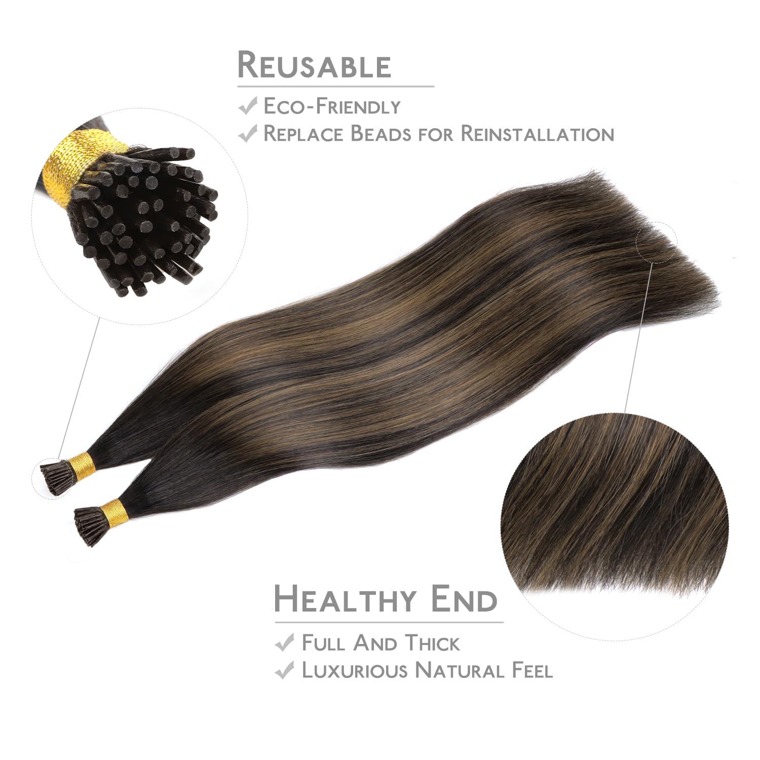 imageWENNALIFE I Tip Hair Extensions Human Hair 50g 100s 14 Inch Auburn Ginger Remy Itip Human Hair Extensions Invisible Itips Straight I Tips Fusion Extensions Real Human HairI262 Balayage Dark Brown Mixed Chestnut Brown