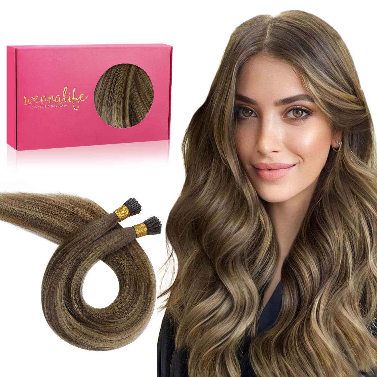 imageWENNALIFE I Tip Hair Extensions Human Hair 50g 100s 14 Inch Auburn Ginger Remy Itip Human Hair Extensions Invisible Itips Straight I Tips Fusion Extensions Real Human HairI4274 Balayage Chocolate Brown to Caramel Blonde