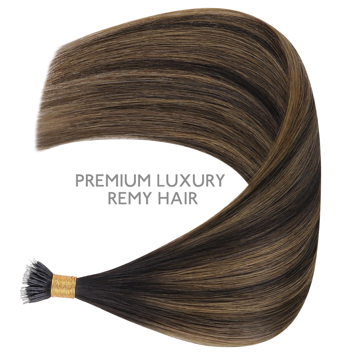 imageWENNALIFE I Tip Hair Extensions Human Hair 50g 100s 14 Inch Auburn Ginger Remy Itip Human Hair Extensions Invisible Itips Straight I Tips Fusion Extensions Real Human HairN262 Balayage Dark Brown Mixed Chestnut Brown