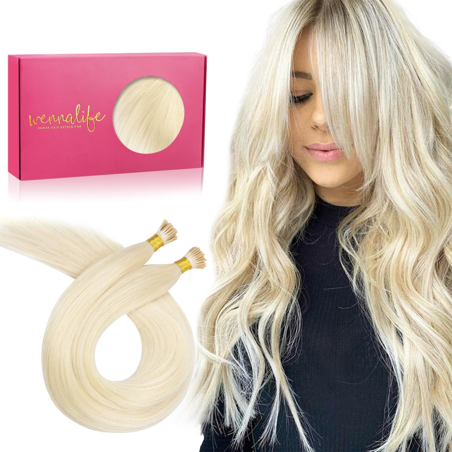 imageWENNALIFE I Tip Hair Extensions Human Hair 50g 50s 18 Inch Dark Brown Remy Itip Human Hair Extensions Invisible Itips Straight I Tips Fusion Extensions Real Human HairI60A Platinum Blonde