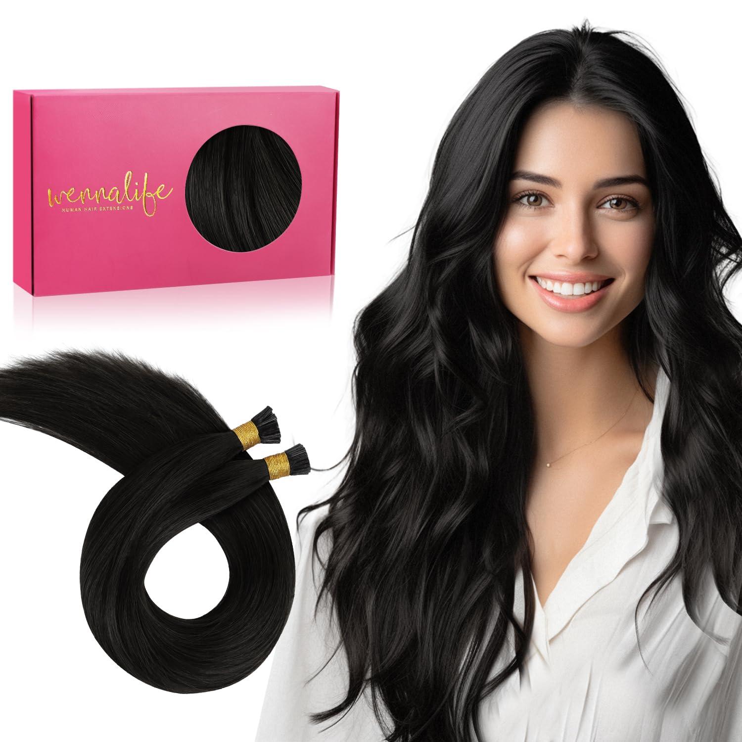 imageWENNALIFE I Tip Hair Extensions Human Hair 50g 50s 18 Inch Dark Brown Remy Itip Human Hair Extensions Invisible Itips Straight I Tips Fusion Extensions Real Human HairI1B Natural Black