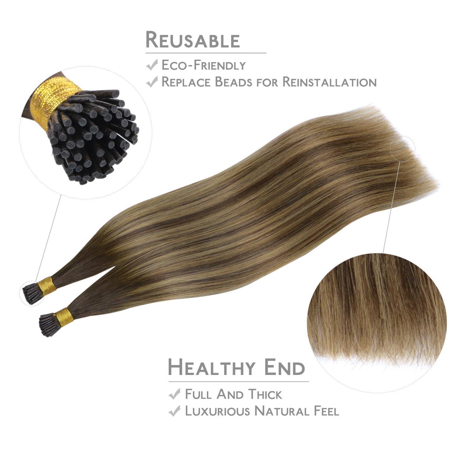 imageWENNALIFE I Tip Hair Extensions Human Hair 50g 50s 18 Inch Dark Brown Remy Itip Human Hair Extensions Invisible Itips Straight I Tips Fusion Extensions Real Human HairI4274 Balayage Chocolate Brown to Caramel Blonde