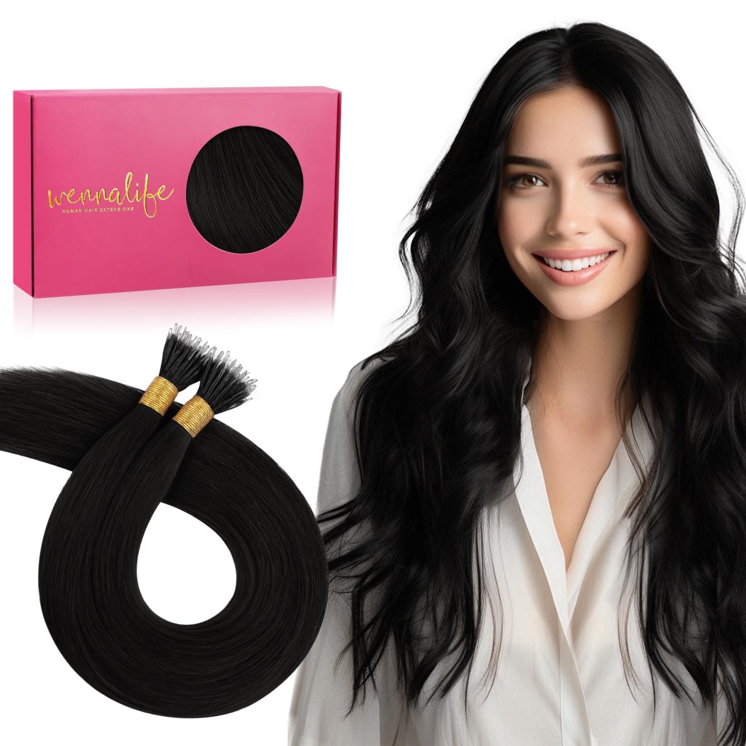 imageWENNALIFE I Tip Hair Extensions Human Hair 50g 50s 18 Inch Platinum Blonde Remy Itip Human Hair Extensions Invisible Itips Straight I Tips Fusion Extensions Real Human HairN1 Jet Black