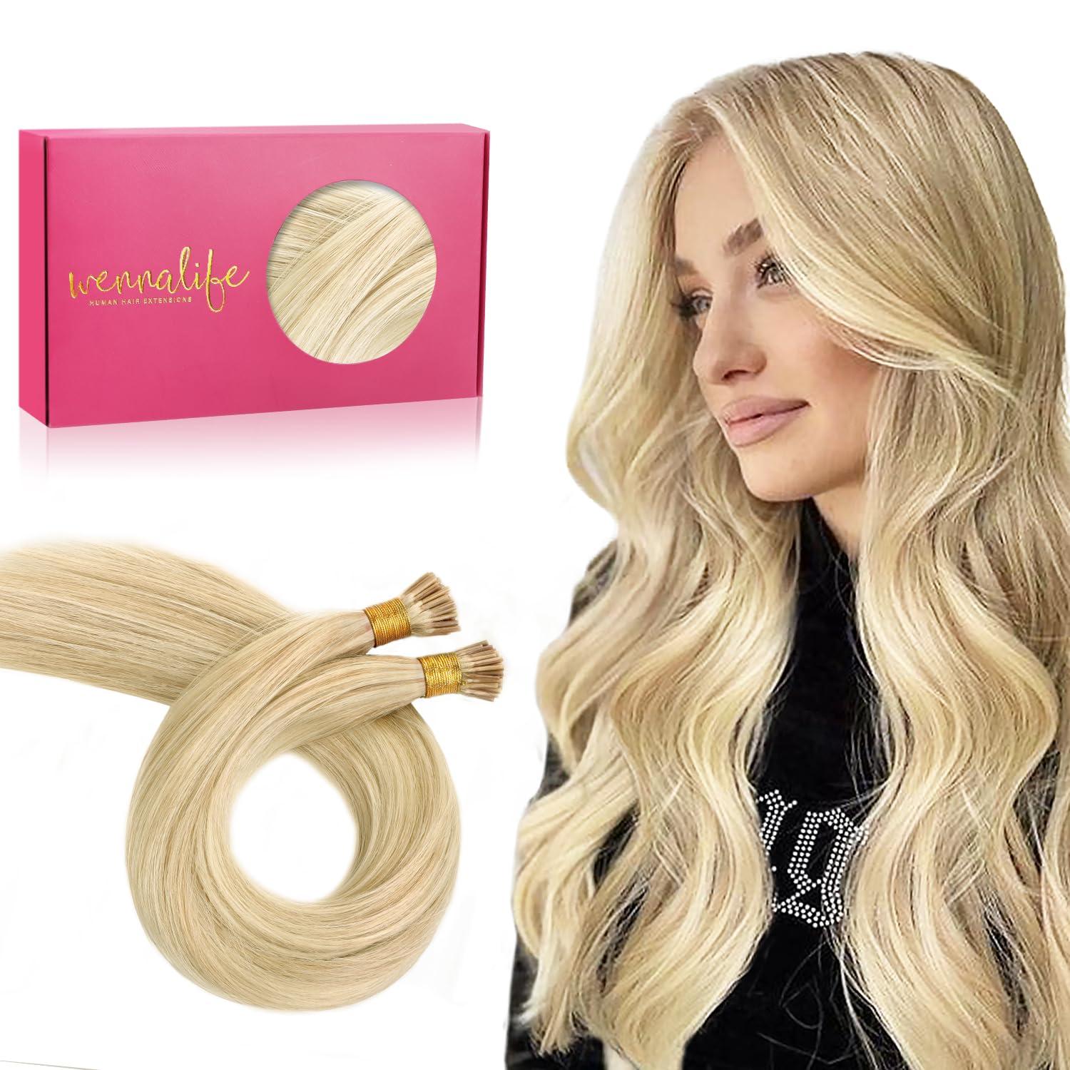 imageWENNALIFE I Tip Hair Extensions Human Hair 50g 50s 18 Inch Platinum Blonde Remy Itip Human Hair Extensions Invisible Itips Straight I Tips Fusion Extensions Real Human HairI1622 Light Blonde Highlighted Golden Blonde