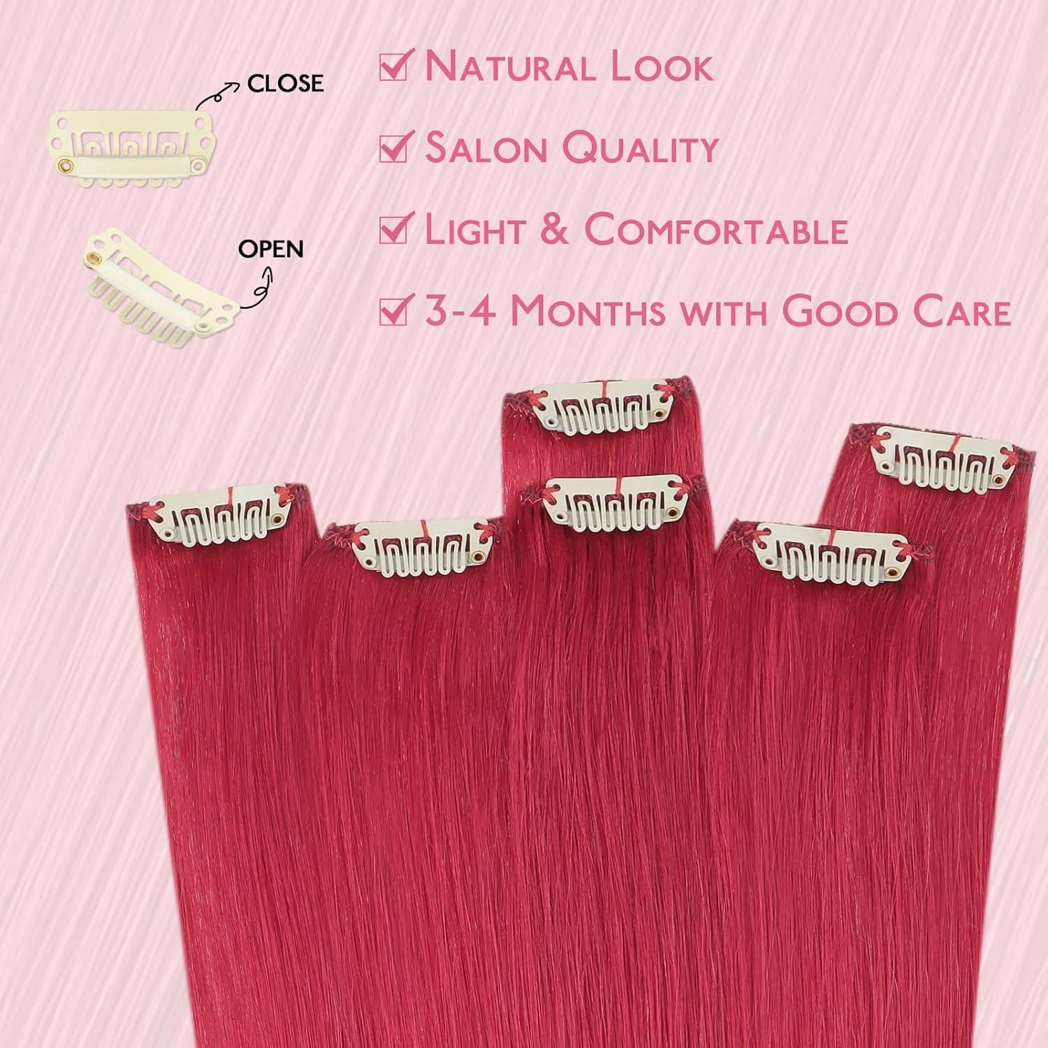 imageWENNALIFE Red Clip in Hair Extensions Real Human Hair 35g 6pcs 16 Inch Colored Hair Extensions for Kids Women Colorful Hair Pieces Popup Style Straight Extensiones De Cabello Humano Con Clip