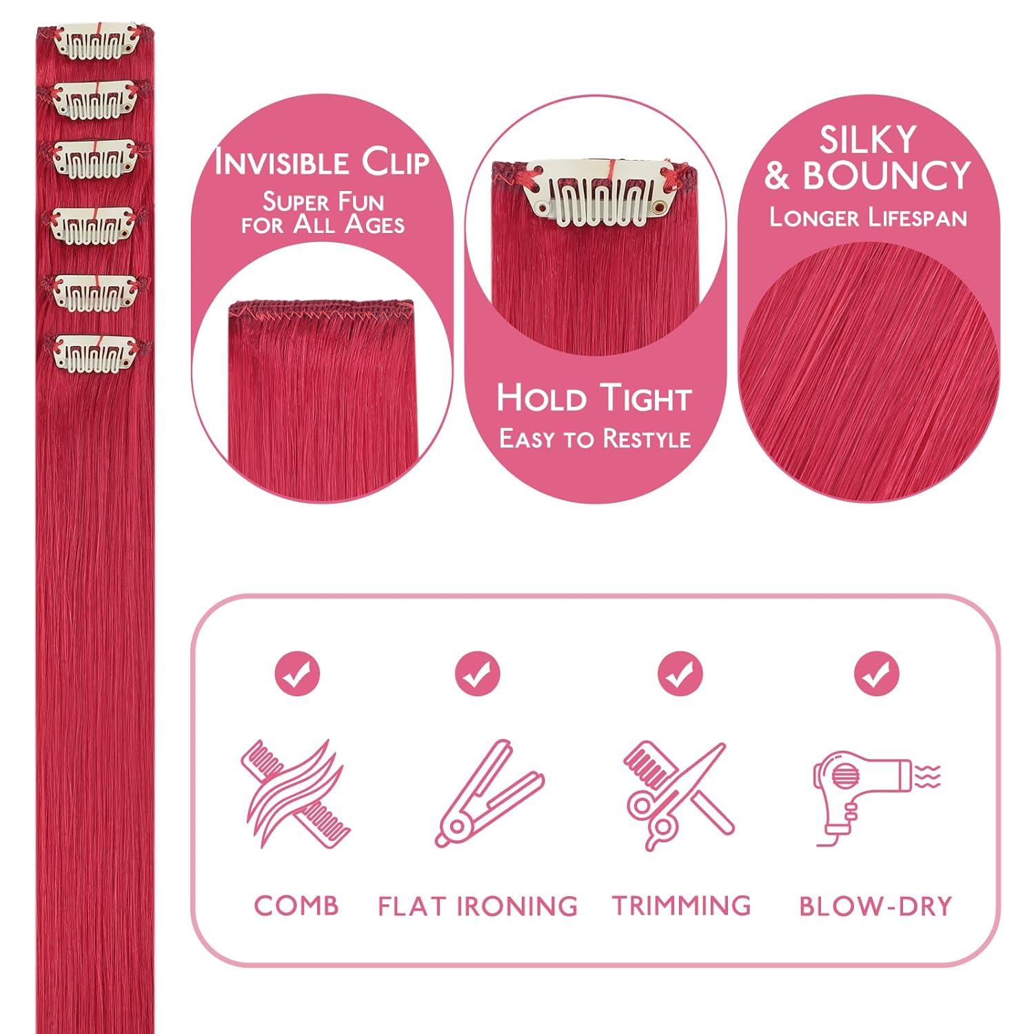 imageWENNALIFE Red Clip in Hair Extensions Real Human Hair 35g 6pcs 16 Inch Colored Hair Extensions for Kids Women Colorful Hair Pieces Popup Style Straight Extensiones De Cabello Humano Con Clip