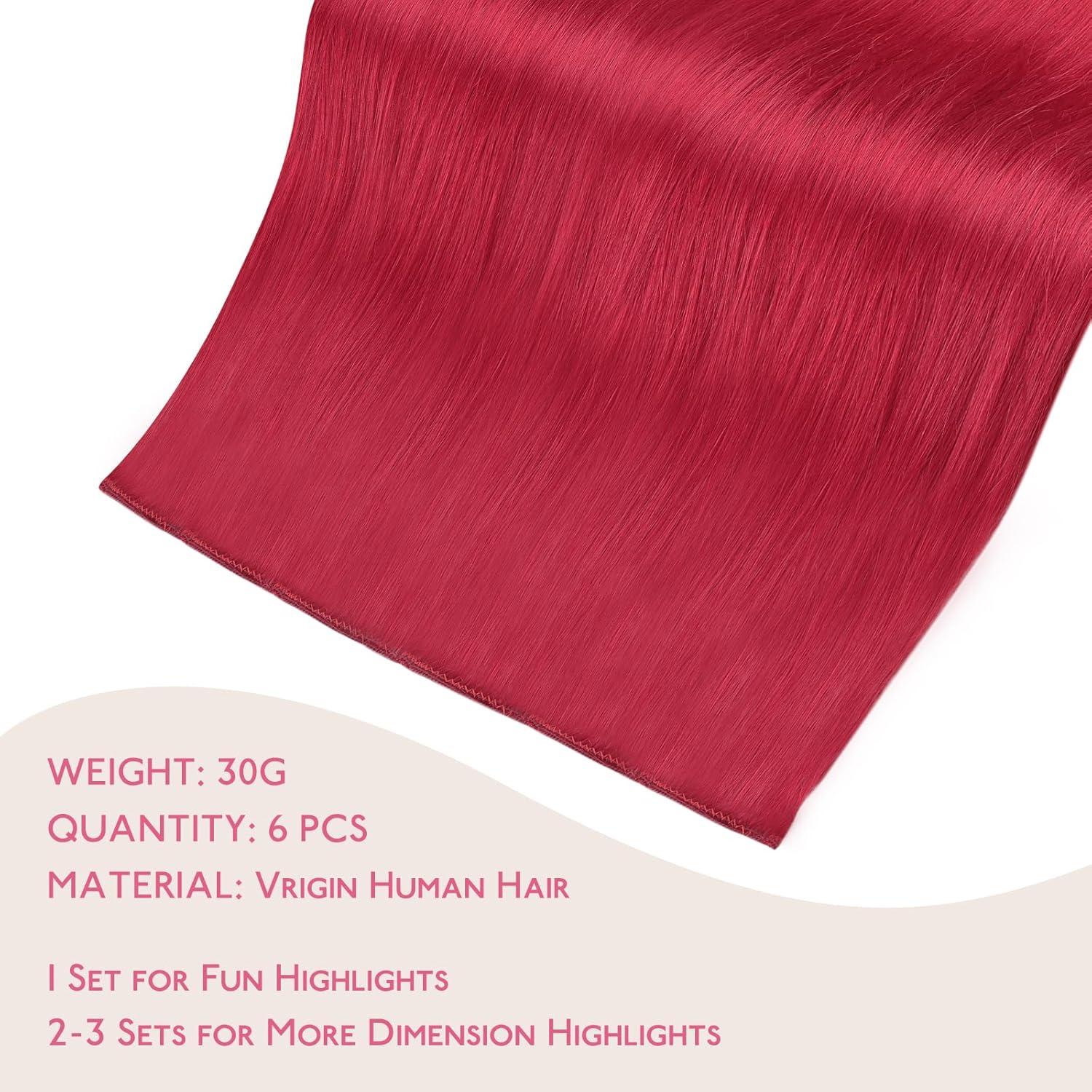 imageWENNALIFE Red Clip in Hair Extensions Real Human Hair 35g 6pcs 16 Inch Colored Hair Extensions for Kids Women Colorful Hair Pieces Popup Style Straight Extensiones De Cabello Humano Con Clip
