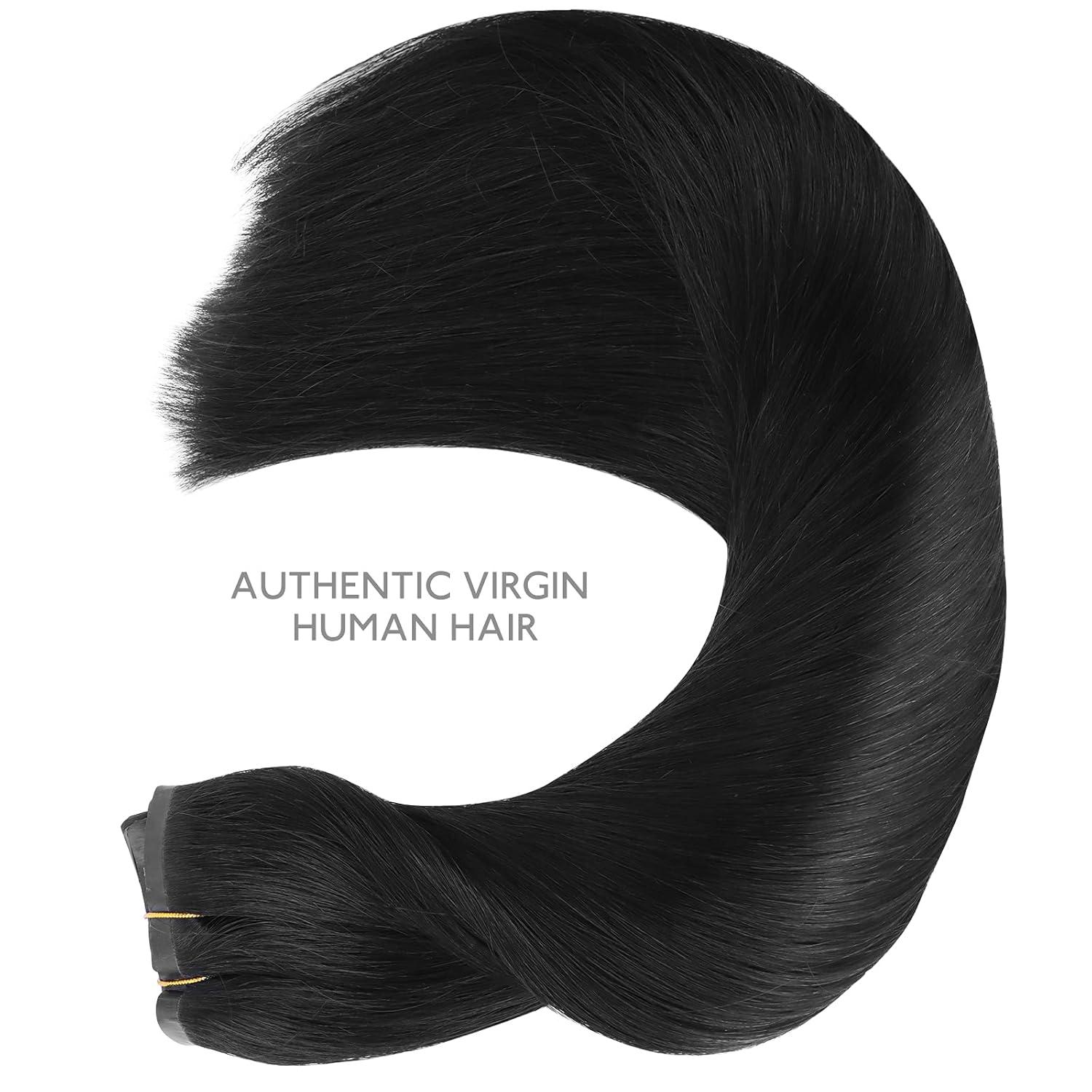 imageWENNALIFE Seamless Clip In Hair Extensions 16 Inch 130g 7pcs Jet Black Hair Extensions Clip in Human Hair Invisible PU Skin Weft Natural Remy Human