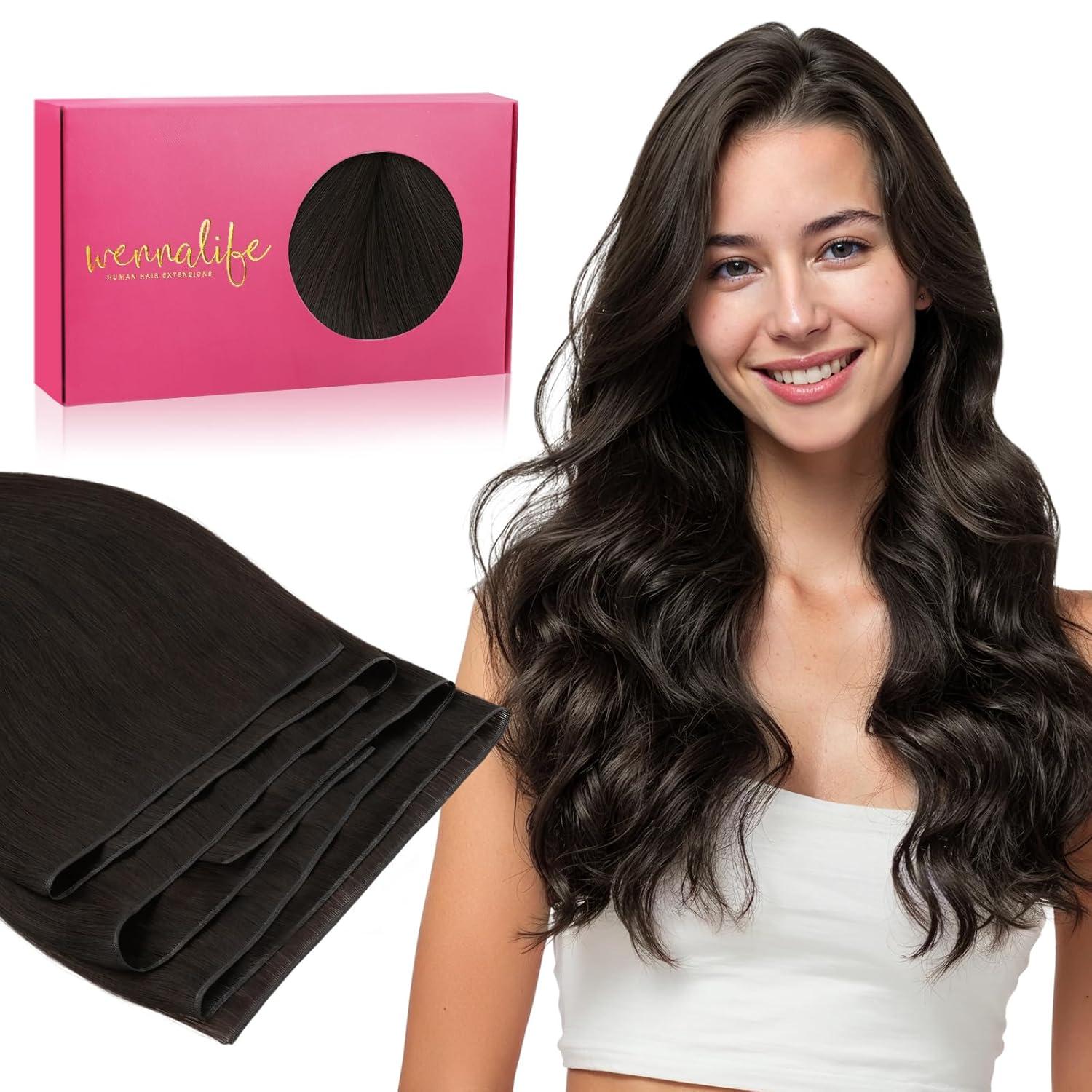imageWENNALIFE Sew in Hair Extensions Real Human Hair 18 Inch 90g Natural Black Machine Weft Remy Hair Hand Tied Weft Straight Extensiones De Cabello HmanoGe2 Dark Brown