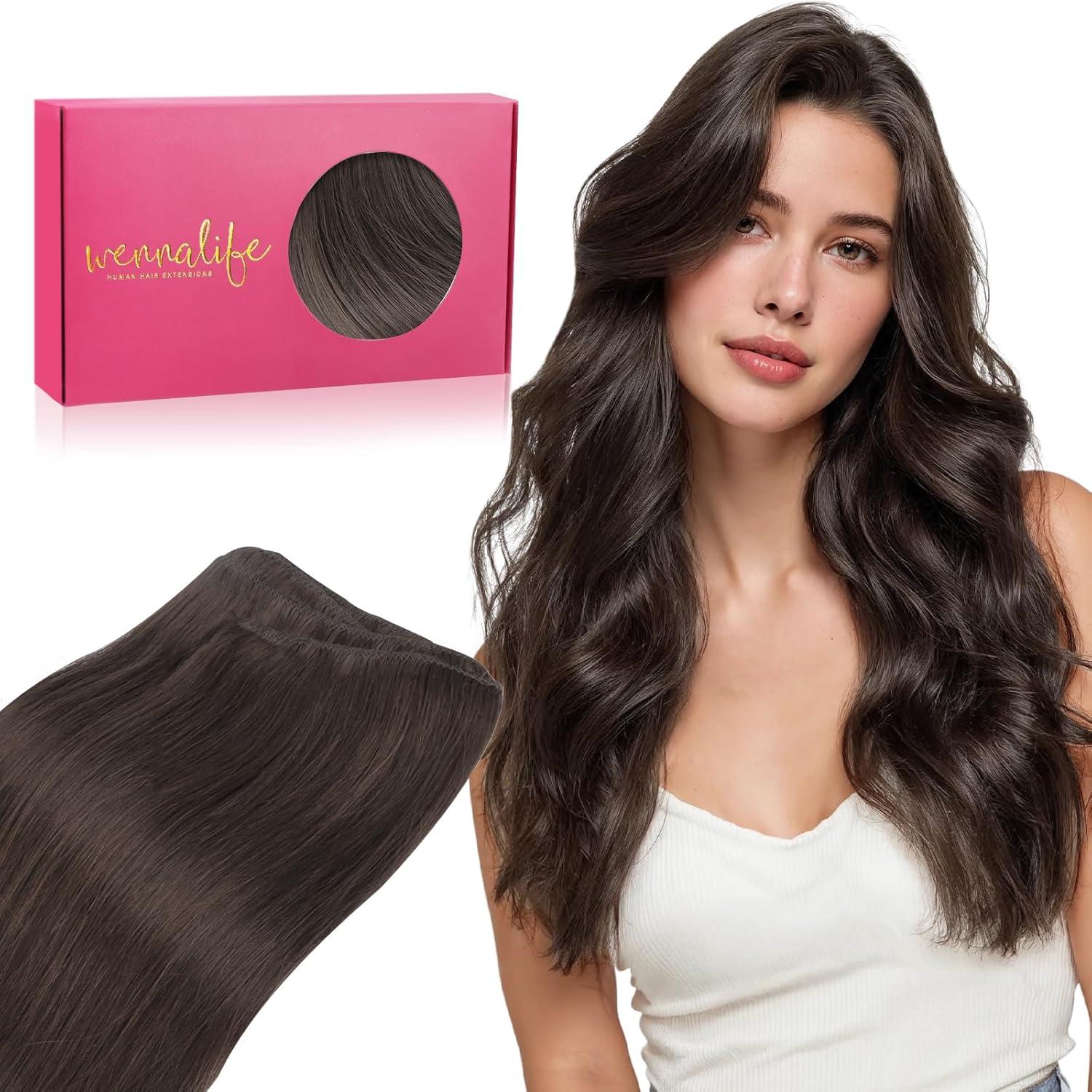 imageWENNALIFE Sew in Hair Extensions Real Human Hair 18 Inch 90g Natural Black Machine Weft Remy Hair Hand Tied Weft Straight Extensiones De Cabello Hmano2 Dark Brown