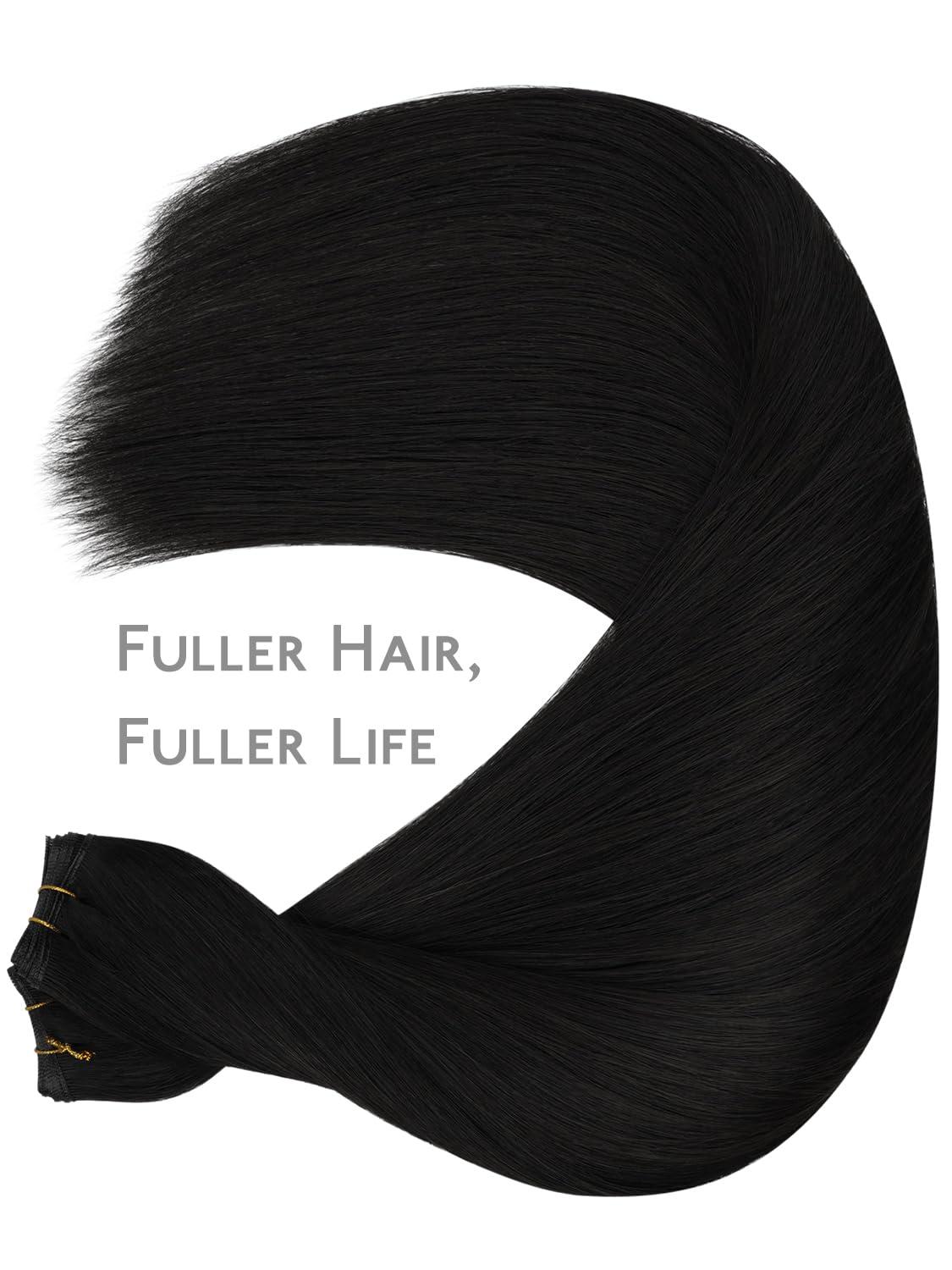 imageWENNALIFE Sew in Hair Extensions Real Human Hair 18 Inch 90g Natural Black Machine Weft Remy Hair Hand Tied Weft Straight Extensiones De Cabello HmanoGe1 Jet Black
