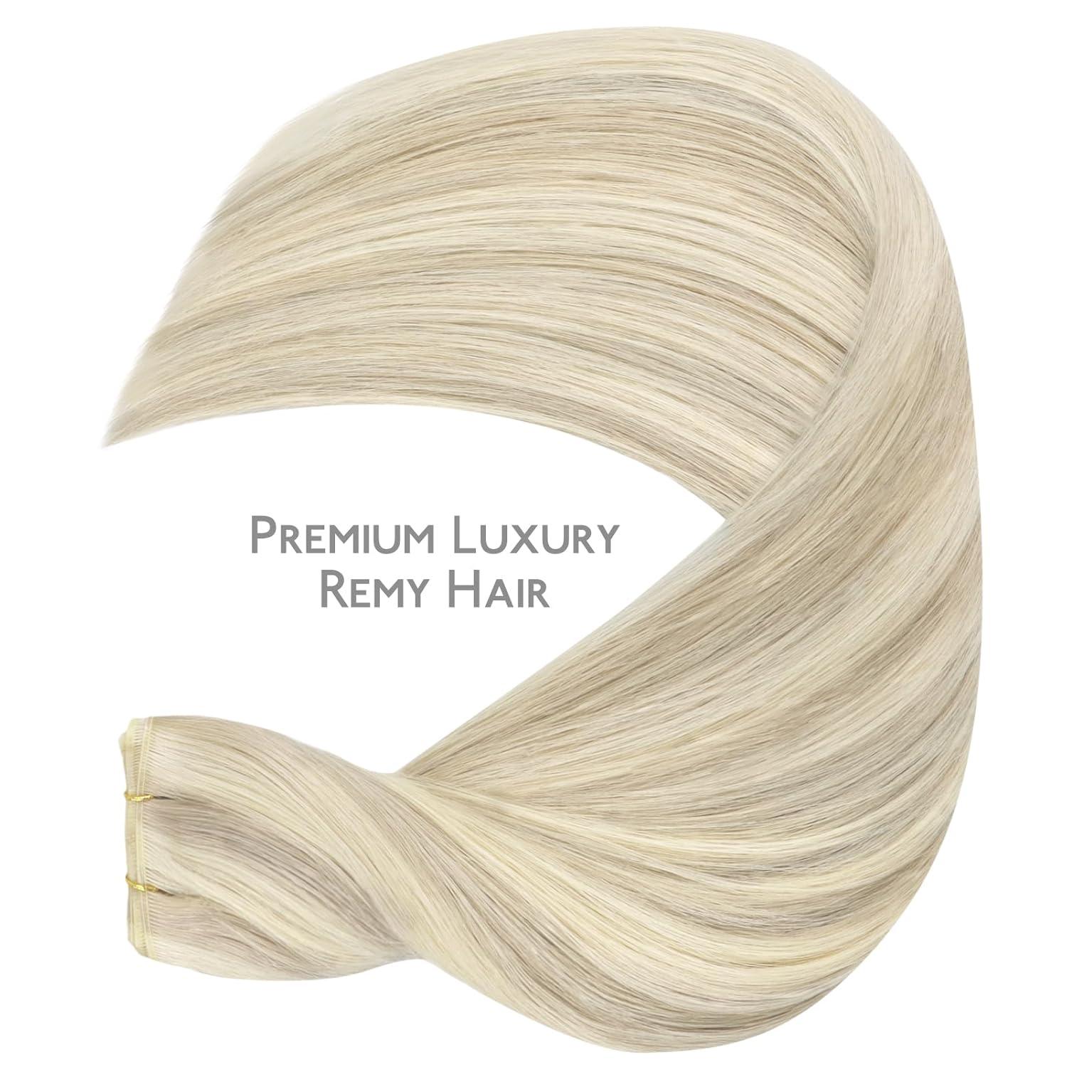 imageWENNALIFE Sew in Hair Extensions Real Human Hair 18 Inch 90g Natural Black Machine Weft Remy Hair Hand Tied Weft Straight Extensiones De Cabello HmanoGe17A60A Ash Blonde Highlighted Platinum Blonde